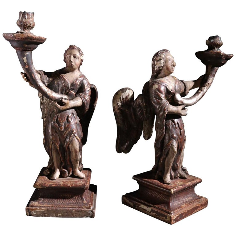 Pair of Spanish 17th Century Carved Wood Winged Angel Candleholders For Sale
