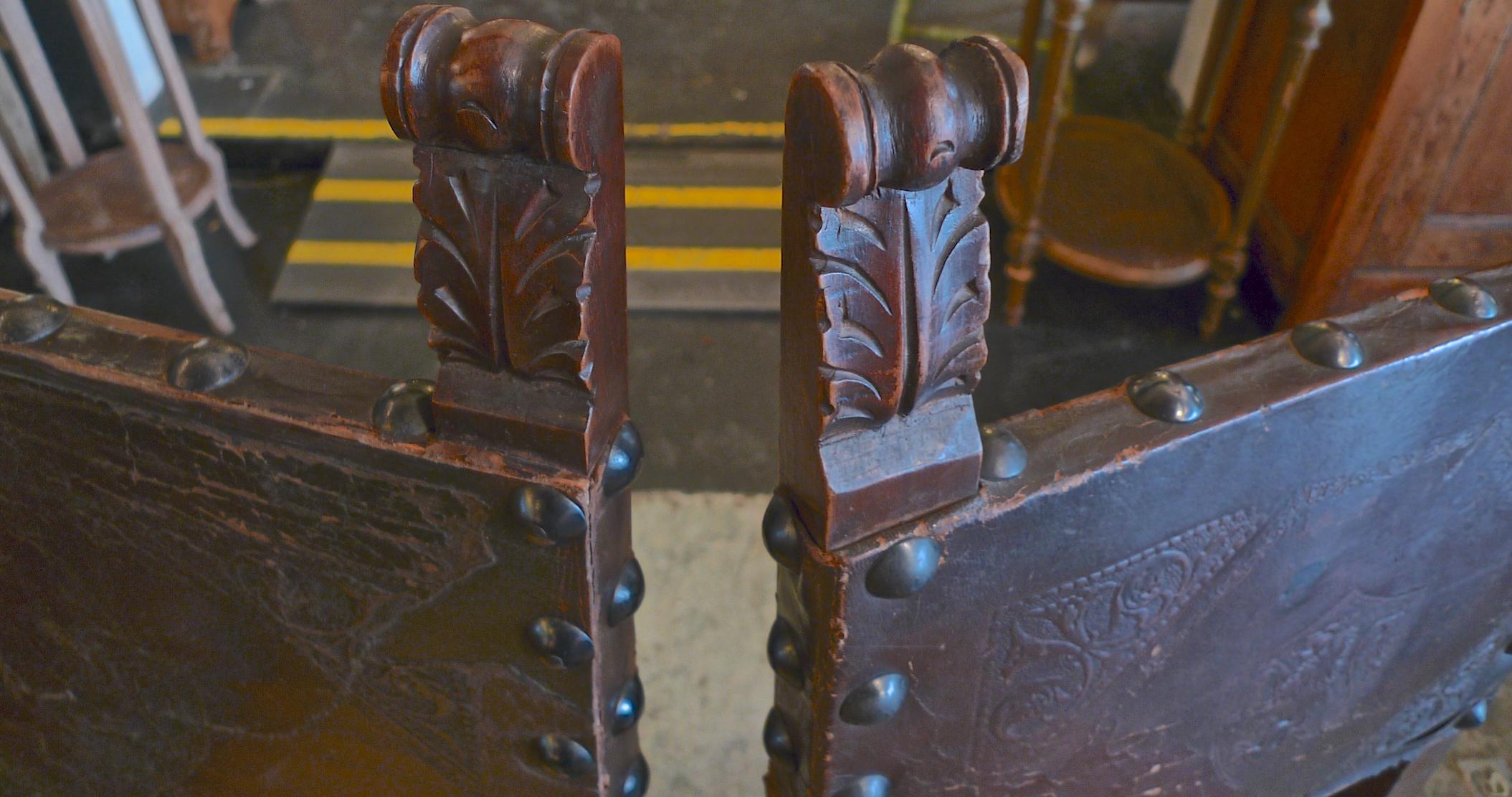 Pair of Spanish 18th Century High Back Studded Leather Dining Chairs 2