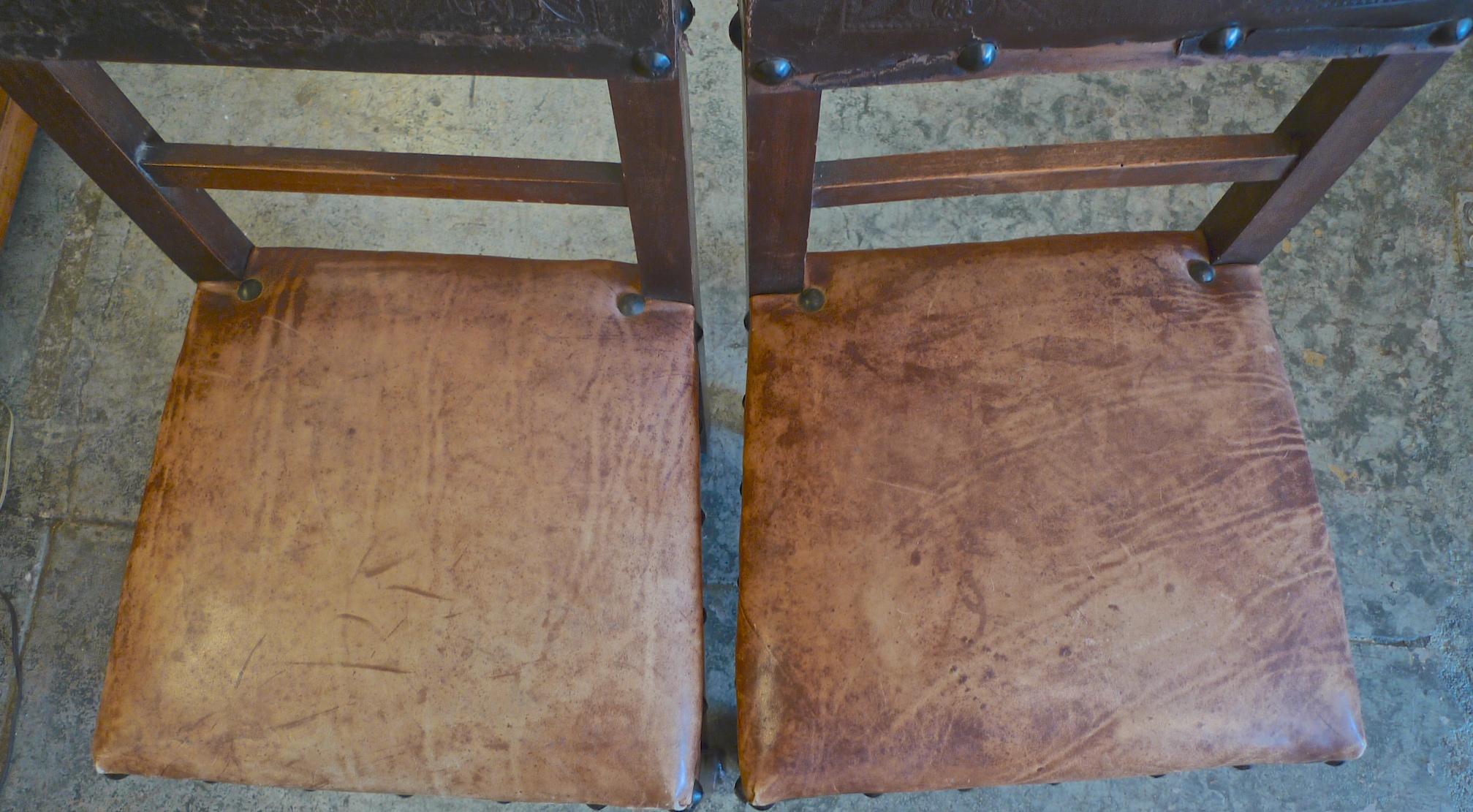 Pair of Spanish 18th Century High Back Studded Leather Dining Chairs 3