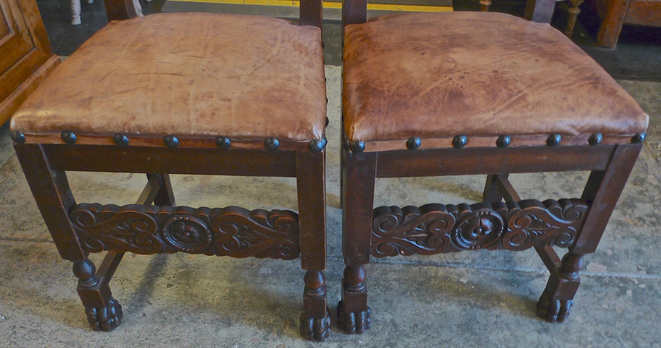 Pair of Spanish 18th Century High Back Studded Leather Dining Chairs 4