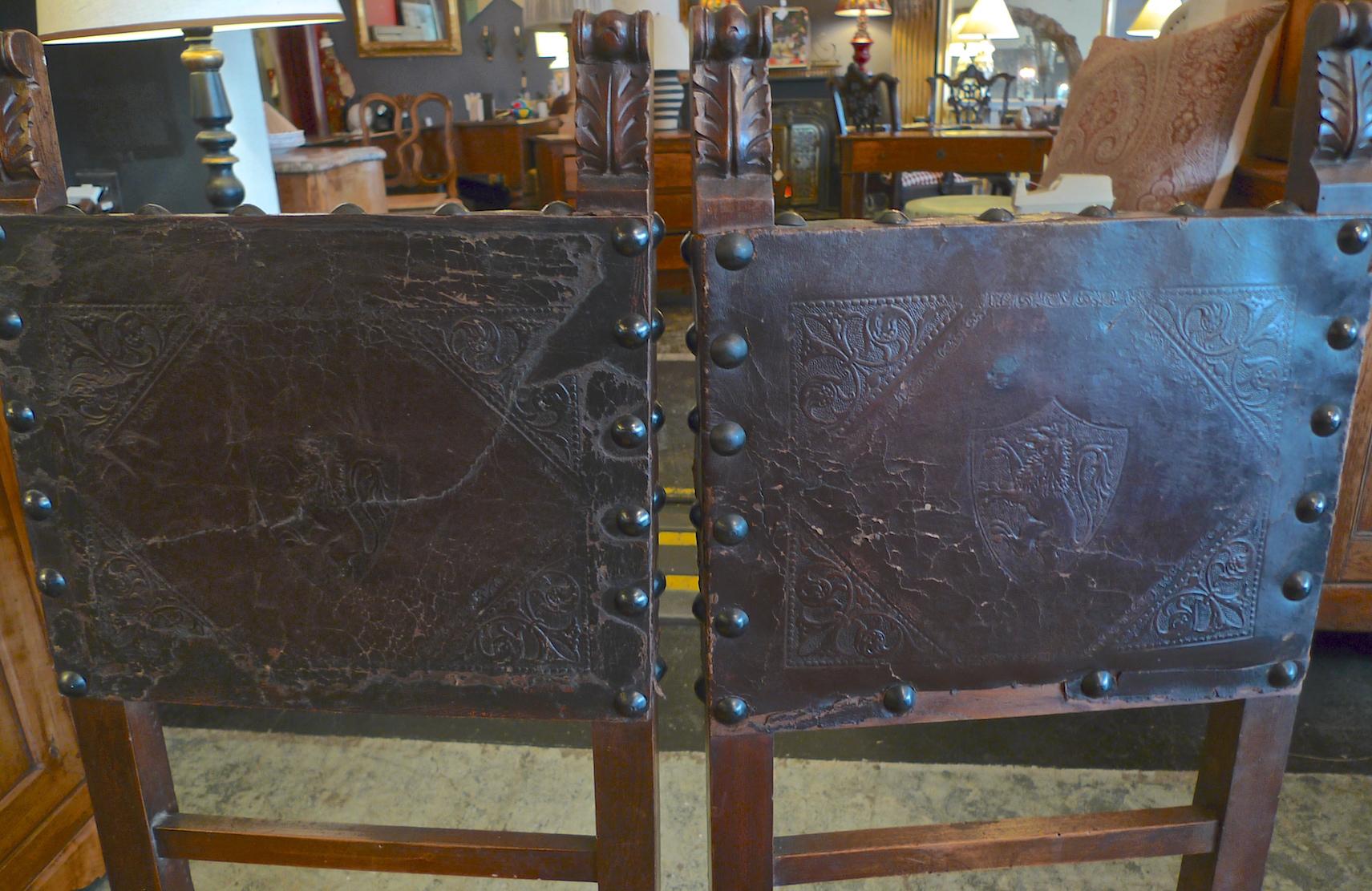Pair of Spanish 18th Century High Back Studded Leather Dining Chairs 5