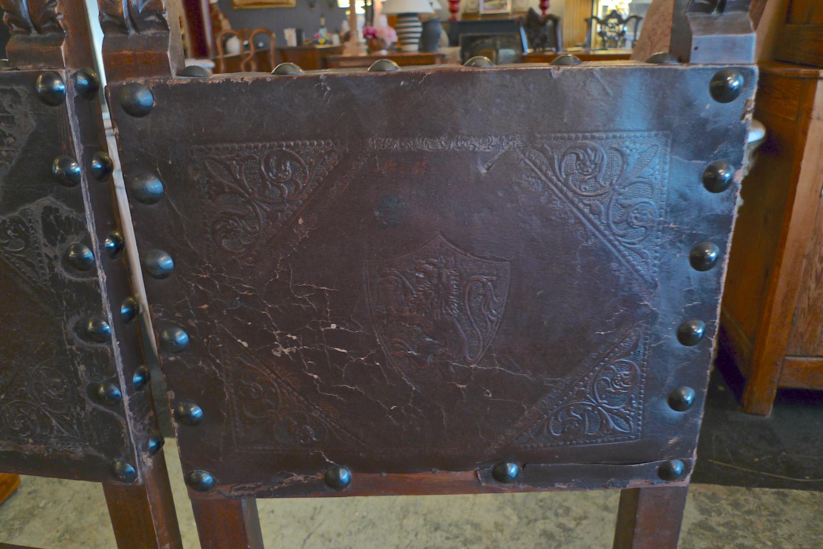 Pair of Spanish 18th Century High Back Studded Leather Dining Chairs 6