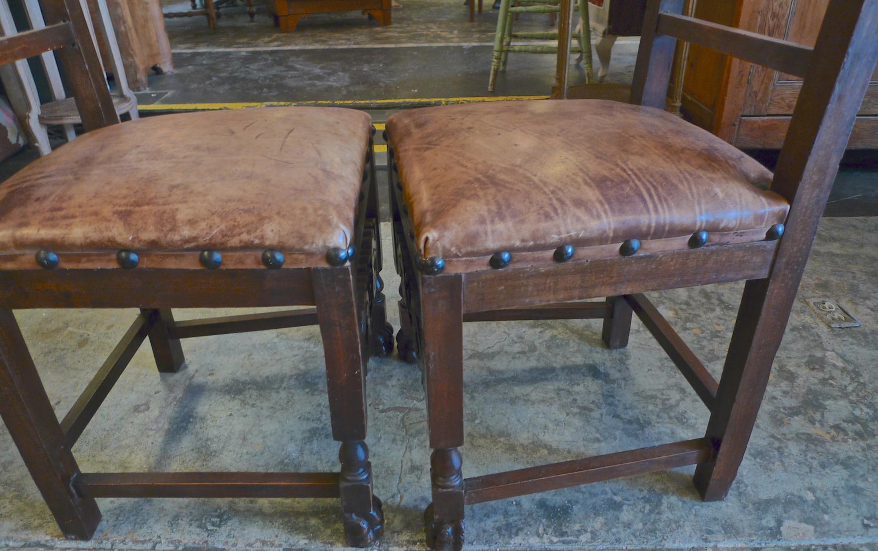 Pair of Spanish 18th Century High Back Studded Leather Dining Chairs 9