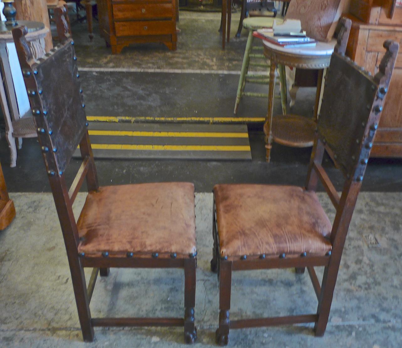 Stained Pair of Spanish 18th Century High Back Studded Leather Dining Chairs