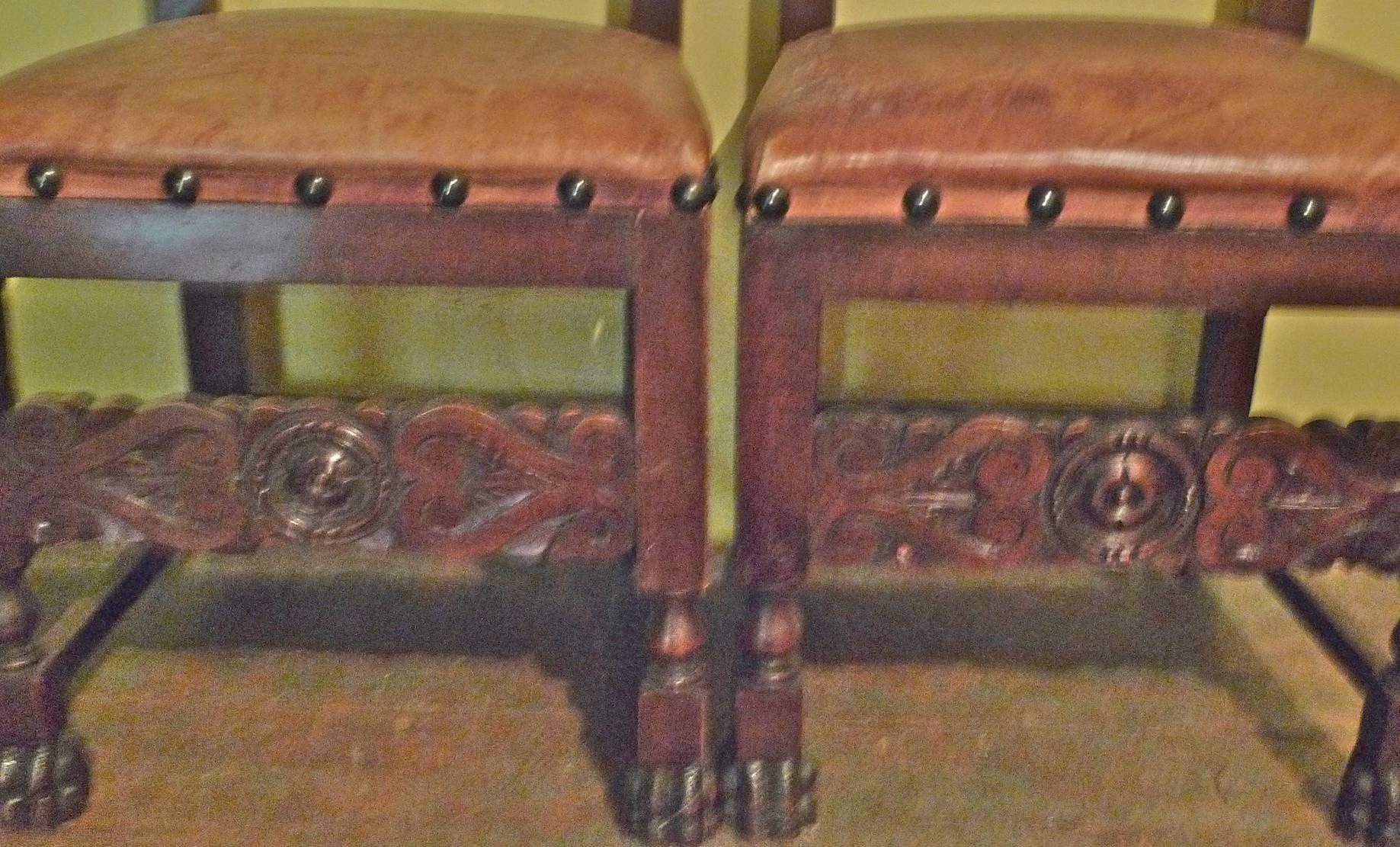 19th Century Pair of Spanish 18th Century High Back Studded Leather Dining Chairs
