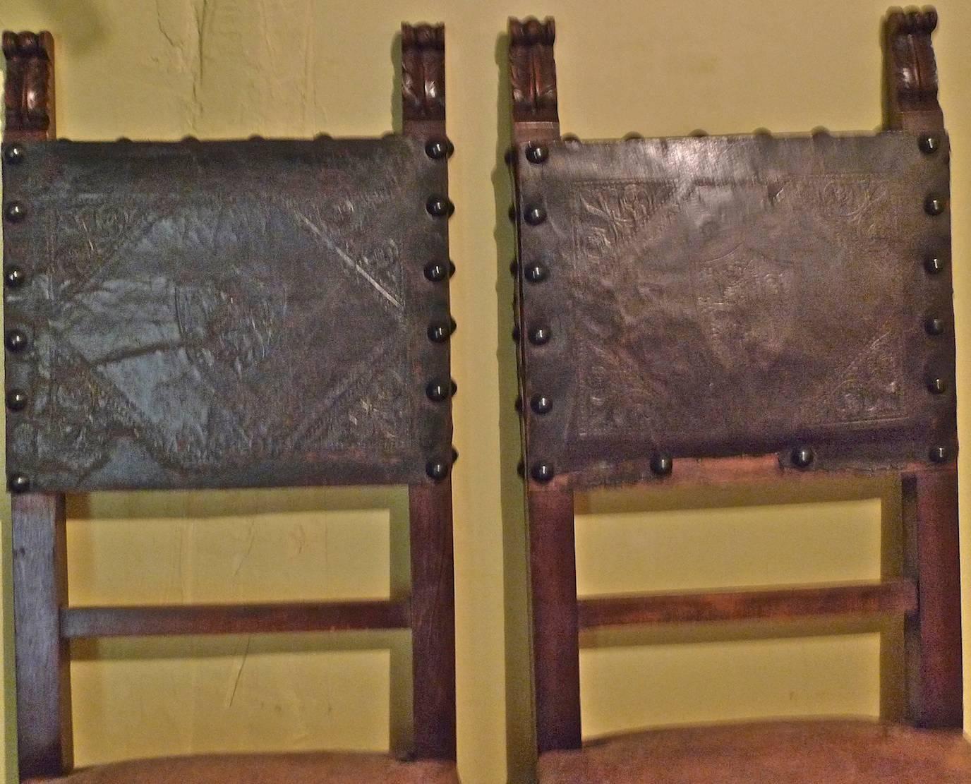 Wood Pair of Spanish 18th Century High Back Studded Leather Dining Chairs