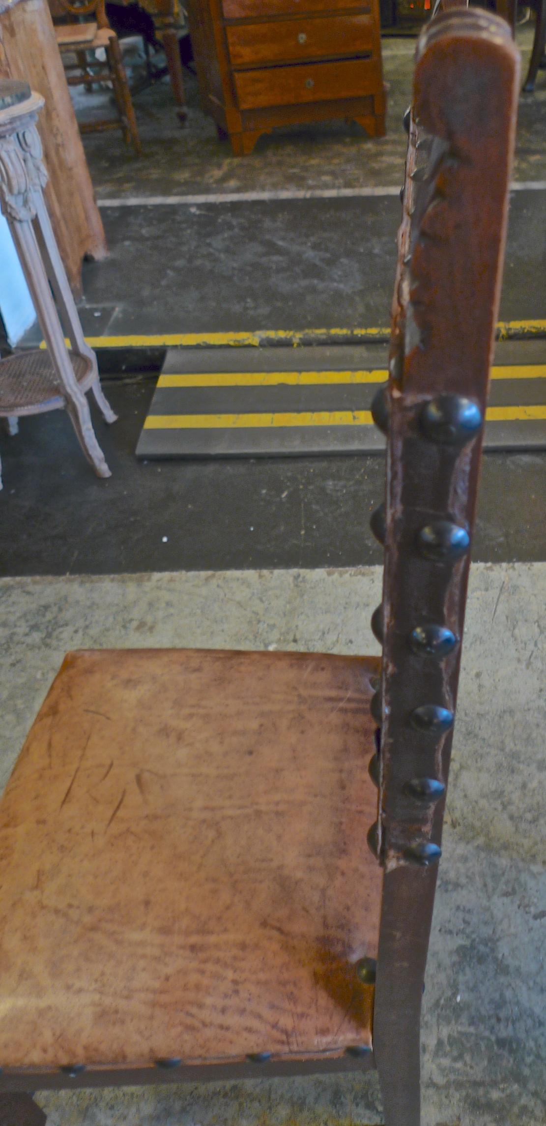 Pair of Spanish 18th Century High Back Studded Leather Dining Chairs 1