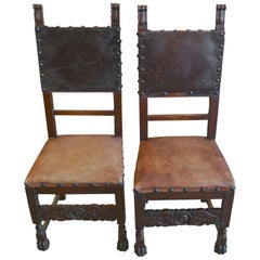 Antique Pair of Spanish 18th Century High Back Studded Leather Dining Chairs