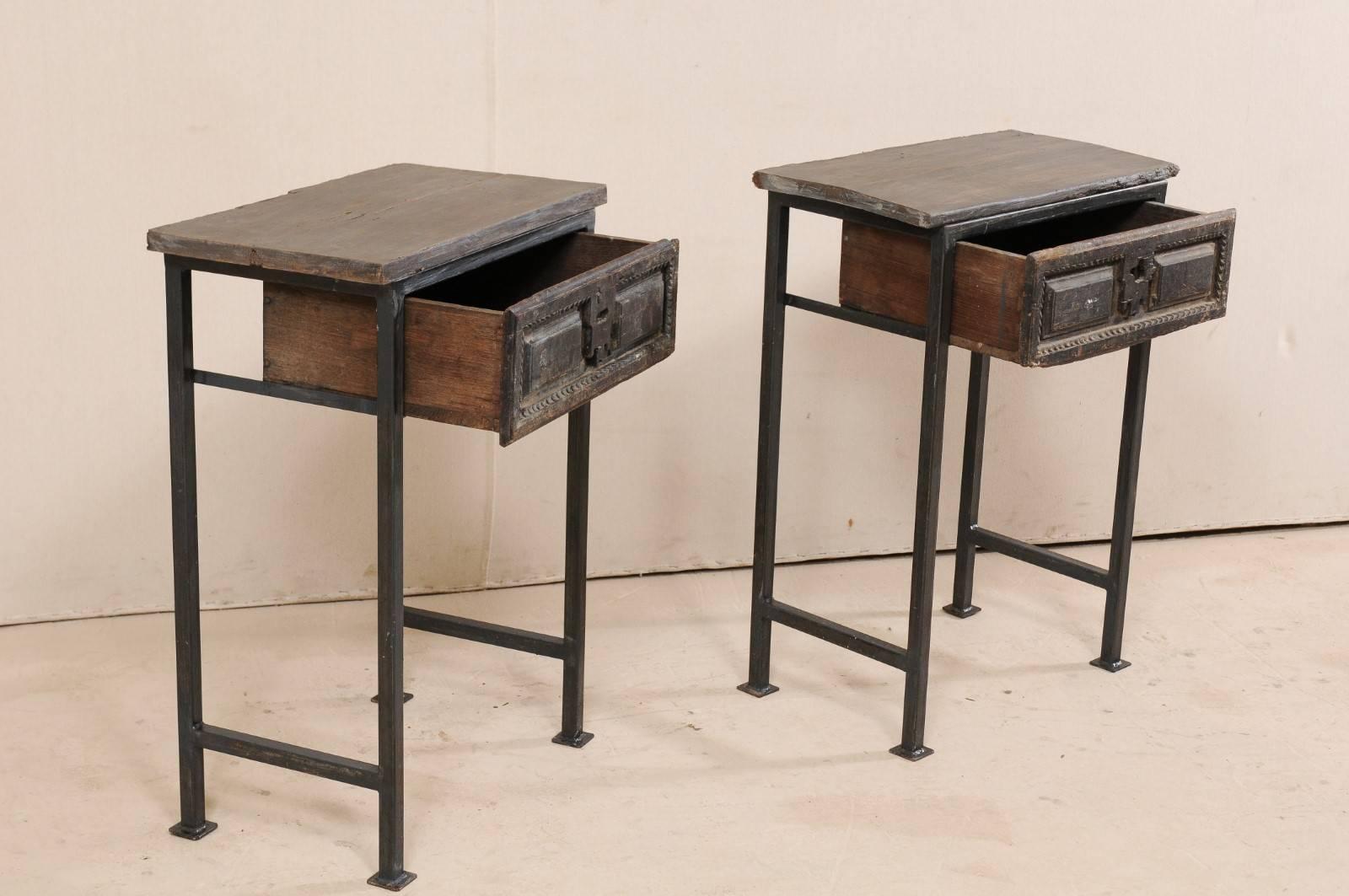 Rustic Pair of Spanish 18th Century Single Drawer Wood Side Tables on Iron Legs