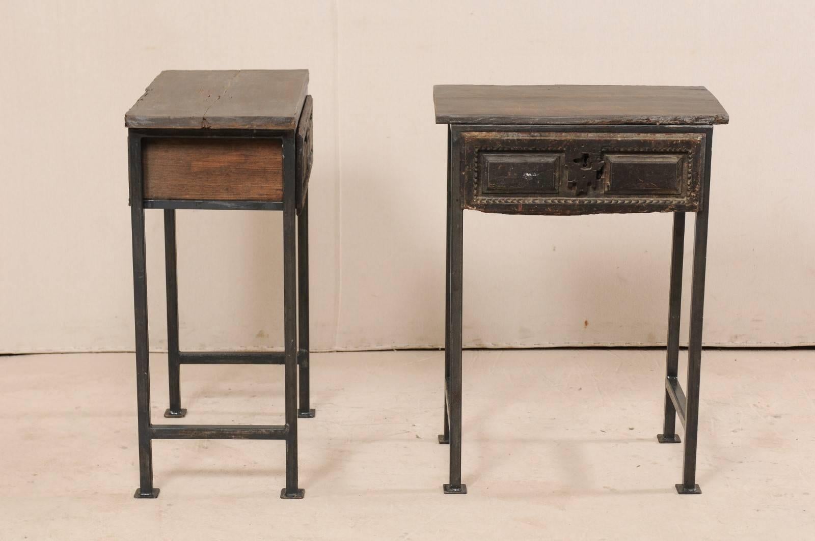 Pair of Spanish 18th Century Single Drawer Wood Side Tables on Iron Legs In Good Condition In Atlanta, GA