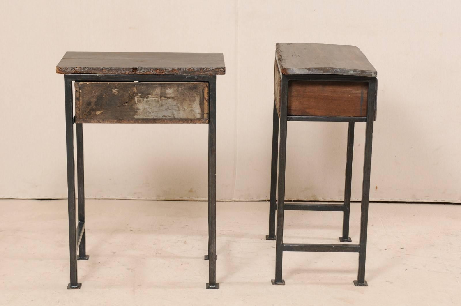 18th Century and Earlier Pair of Spanish 18th Century Single Drawer Wood Side Tables on Iron Legs
