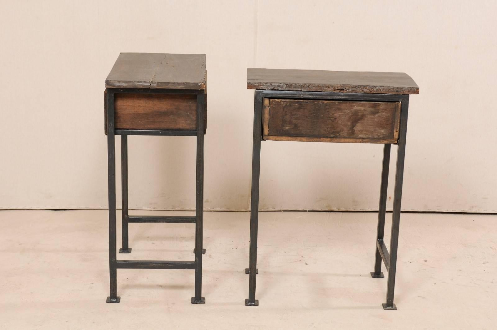 Pair of Spanish 18th Century Single Drawer Wood Side Tables on Iron Legs 1
