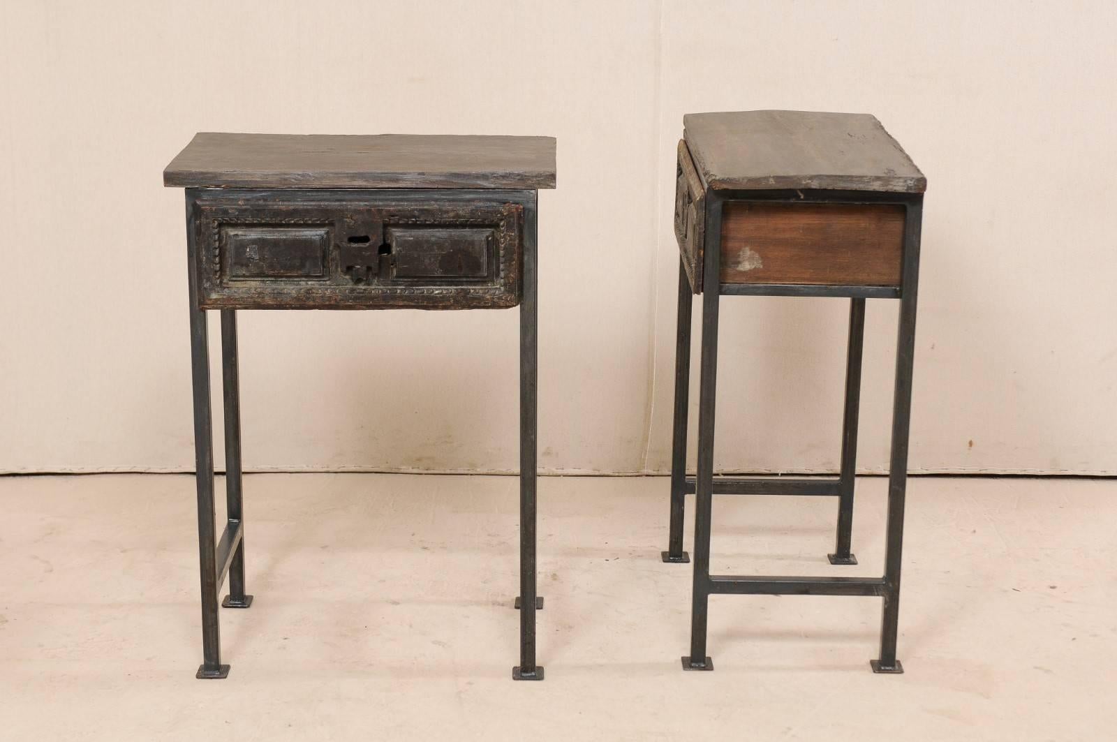Pair of Spanish 18th Century Single Drawer Wood Side Tables on Iron Legs 2
