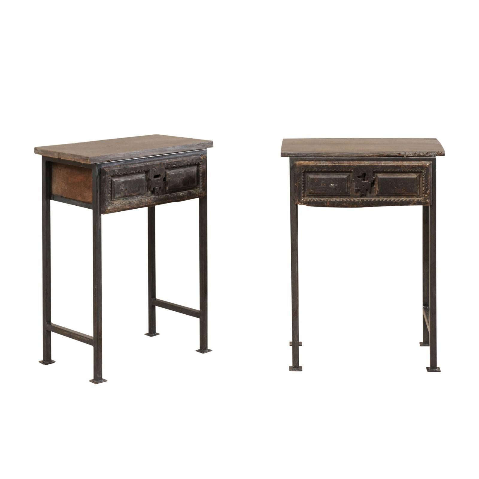 Pair of Spanish 18th Century Single Drawer Wood Side Tables on Iron Legs