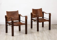 Pair of Spanish 1920's Pebbled Leather and Chrome Safari Armchairs