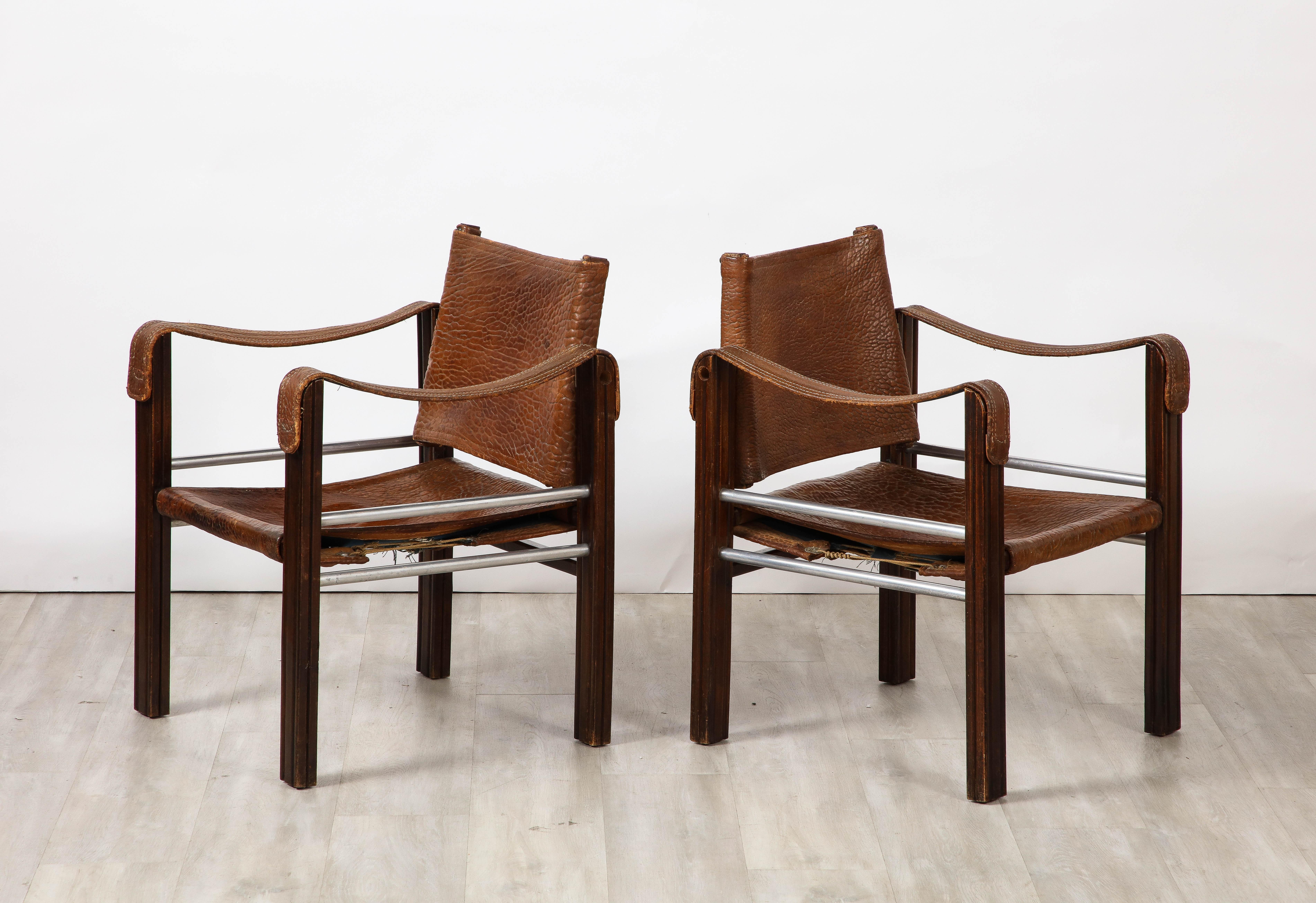 Early 20th Century Pair of Spanish 1920's Pebbled Leather and Chrome Safari Armchairs  For Sale