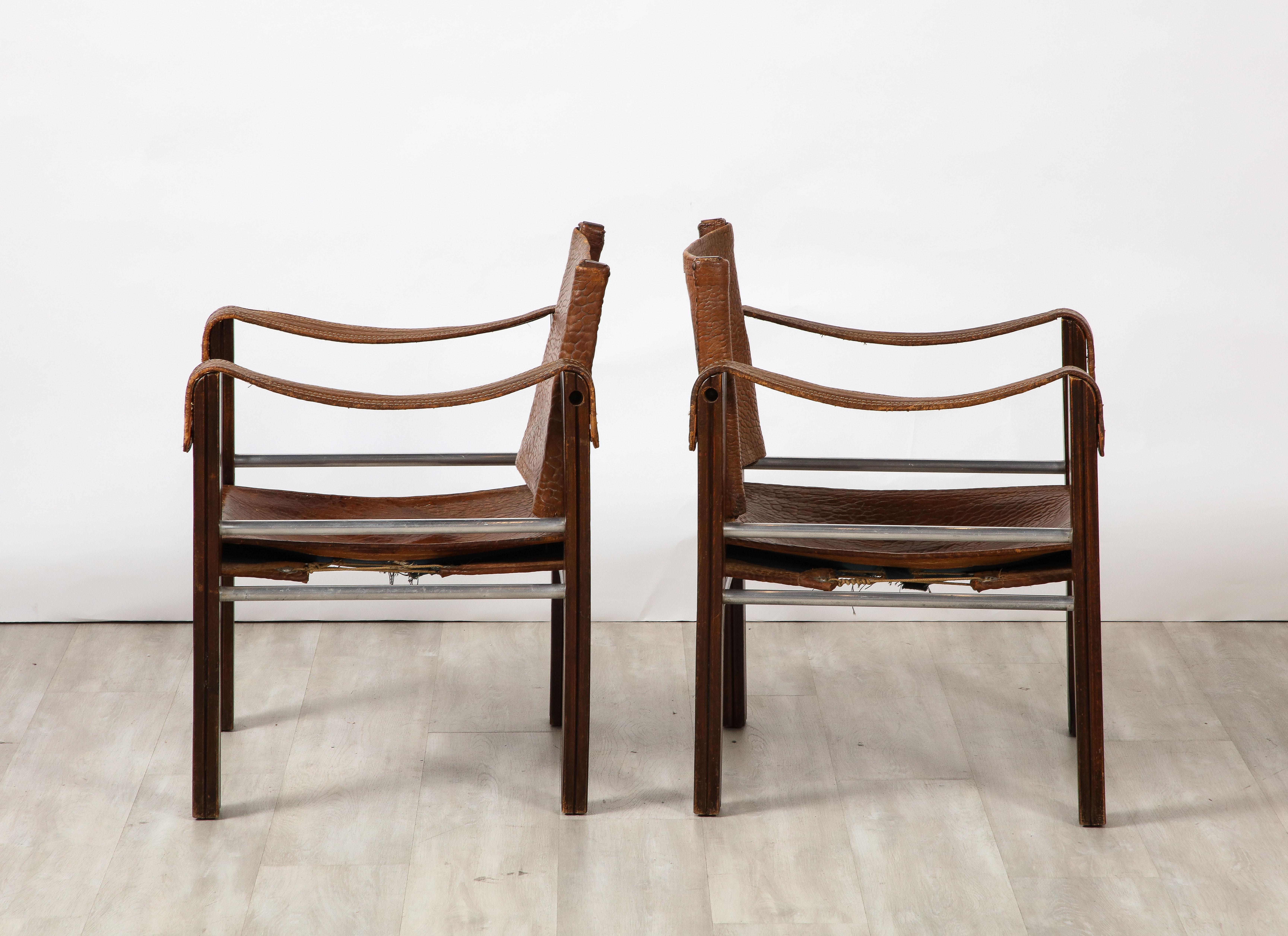 Pair of Spanish 1920's Pebbled Leather and Chrome Safari Armchairs  For Sale 3