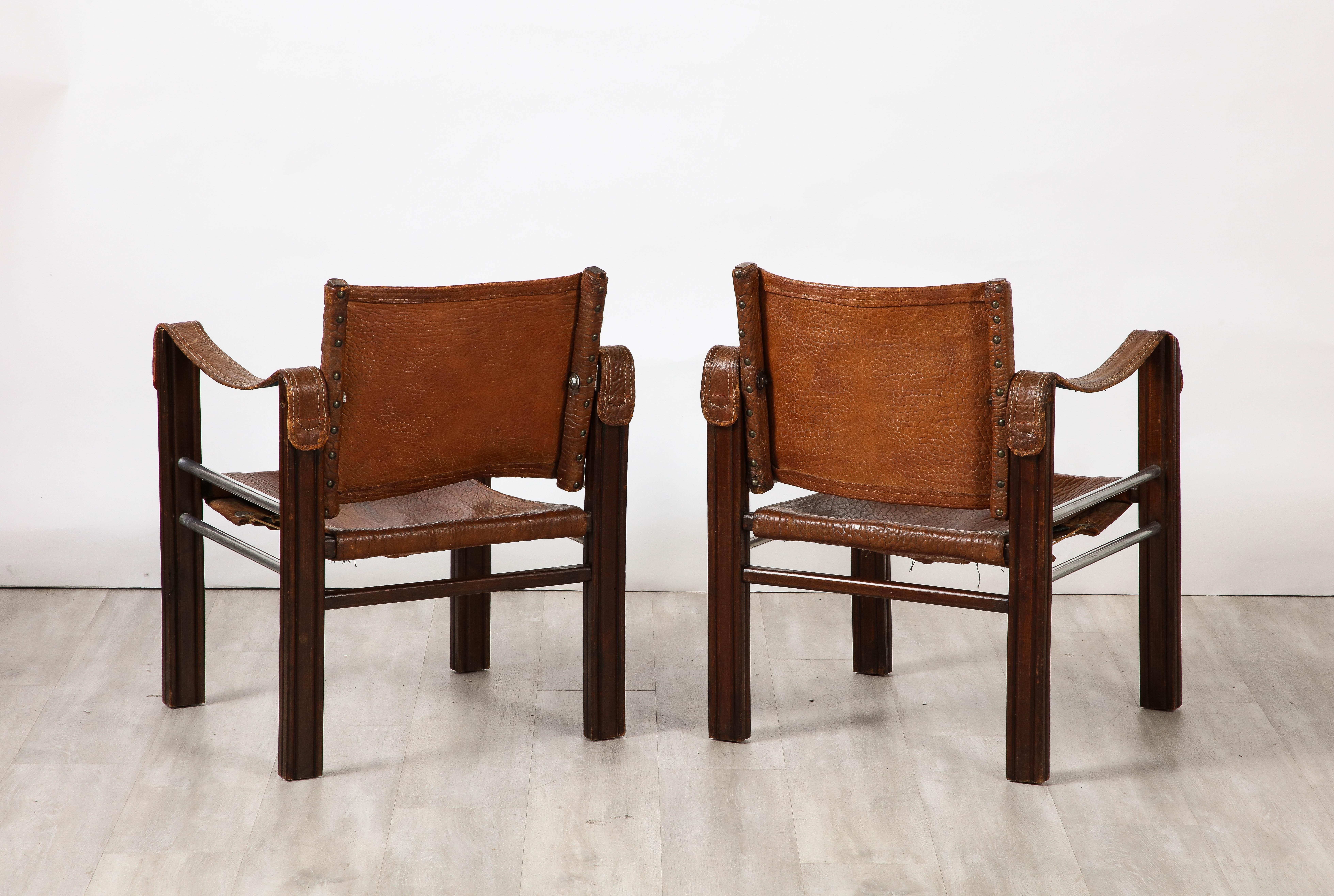 Pair of Spanish 1920's Pebbled Leather and Chrome Safari Armchairs  For Sale 4