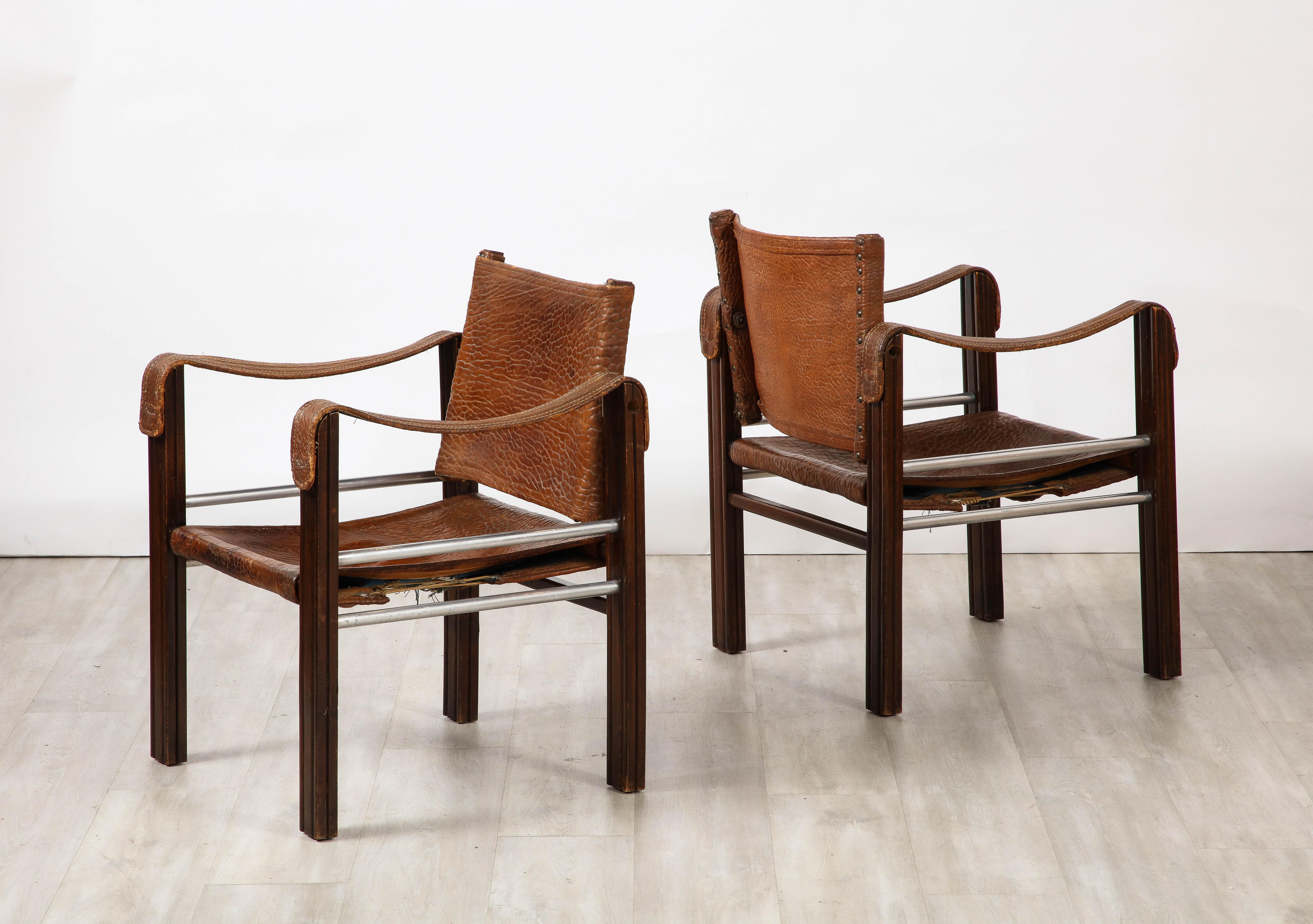 Pair of Spanish 1920's Pebbled Leather and Chrome Safari Armchairs  For Sale 5