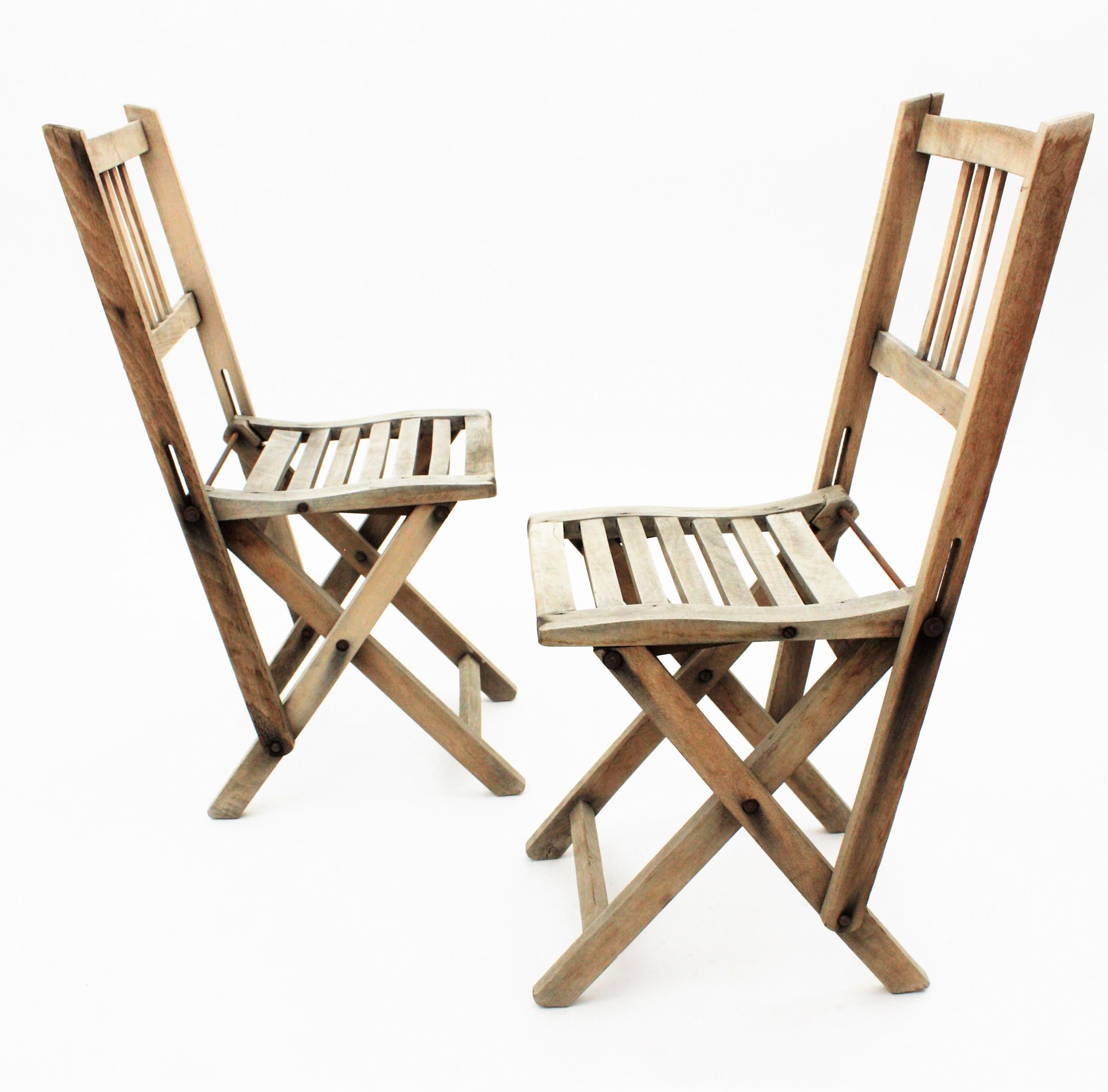 Beech Pair of Foldable Terrace Chairs in Natural Wood, Child-Size  For Sale