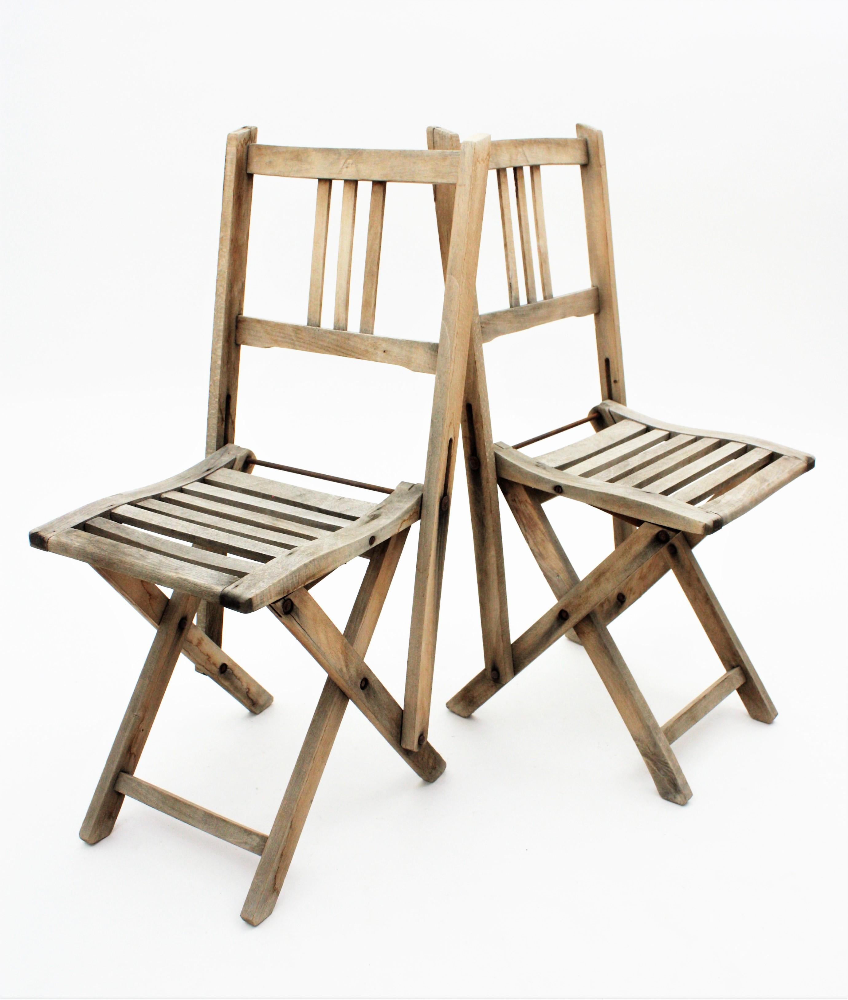Hand-Crafted Pair of Foldable Terrace Chairs in Natural Wood, Child-Size  For Sale
