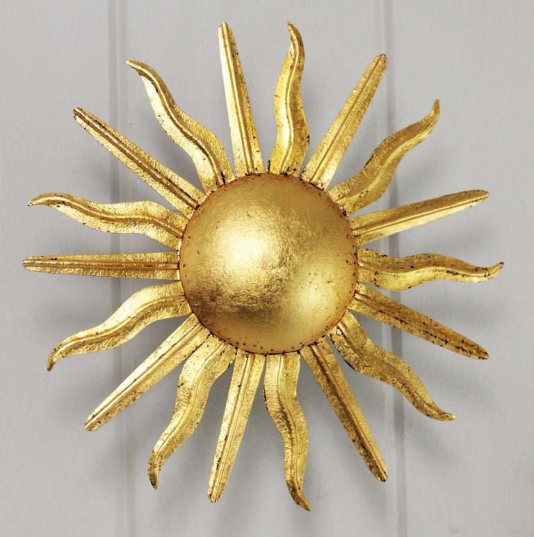 Pair of Spanish 1950s Gold Gilt Iron Sunburst Flush Mount Ceiling Light