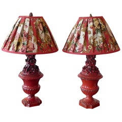Pair of Spanish 1960s Red Glazed Mansies Valencia Ceramic Table Lamps