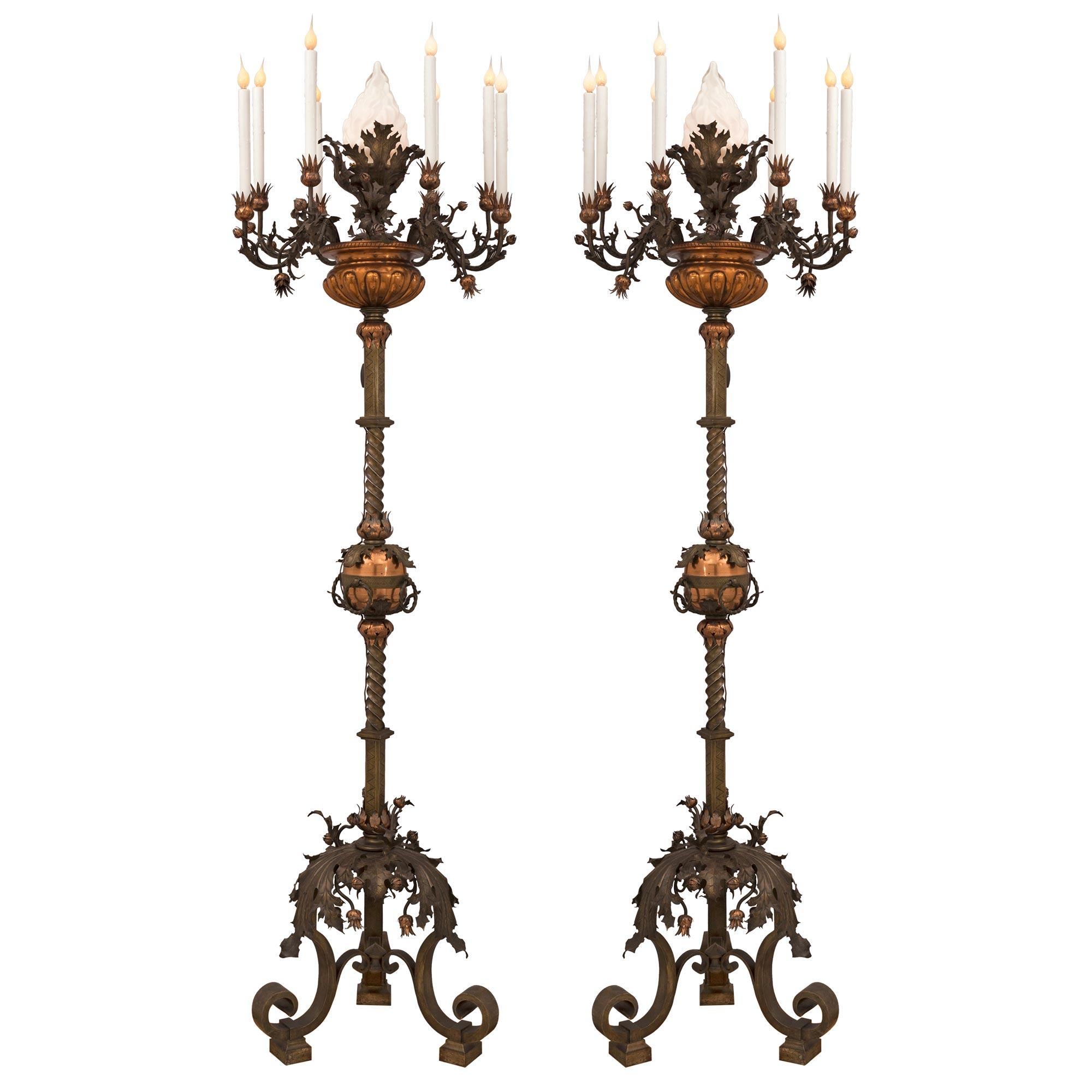 Pair of Spanish 19th Century Patinated Bronze and Copper Torchière Floor Lamps In Good Condition In West Palm Beach, FL