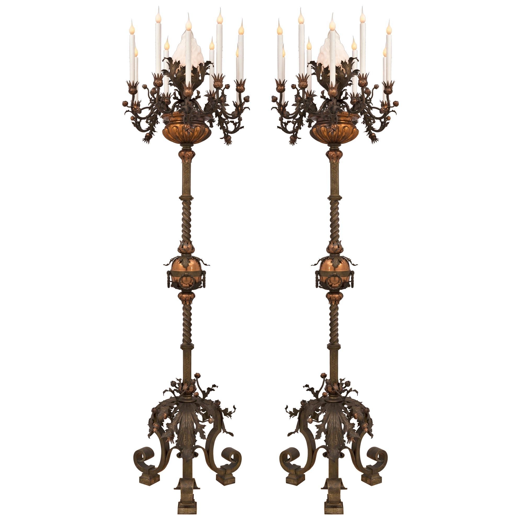Pair of Spanish 19th Century Patinated Bronze and Copper Torchière Floor Lamps