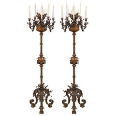 Antique Pair of Spanish 19th Century Patinated Bronze and Copper Torchière Floor Lamps