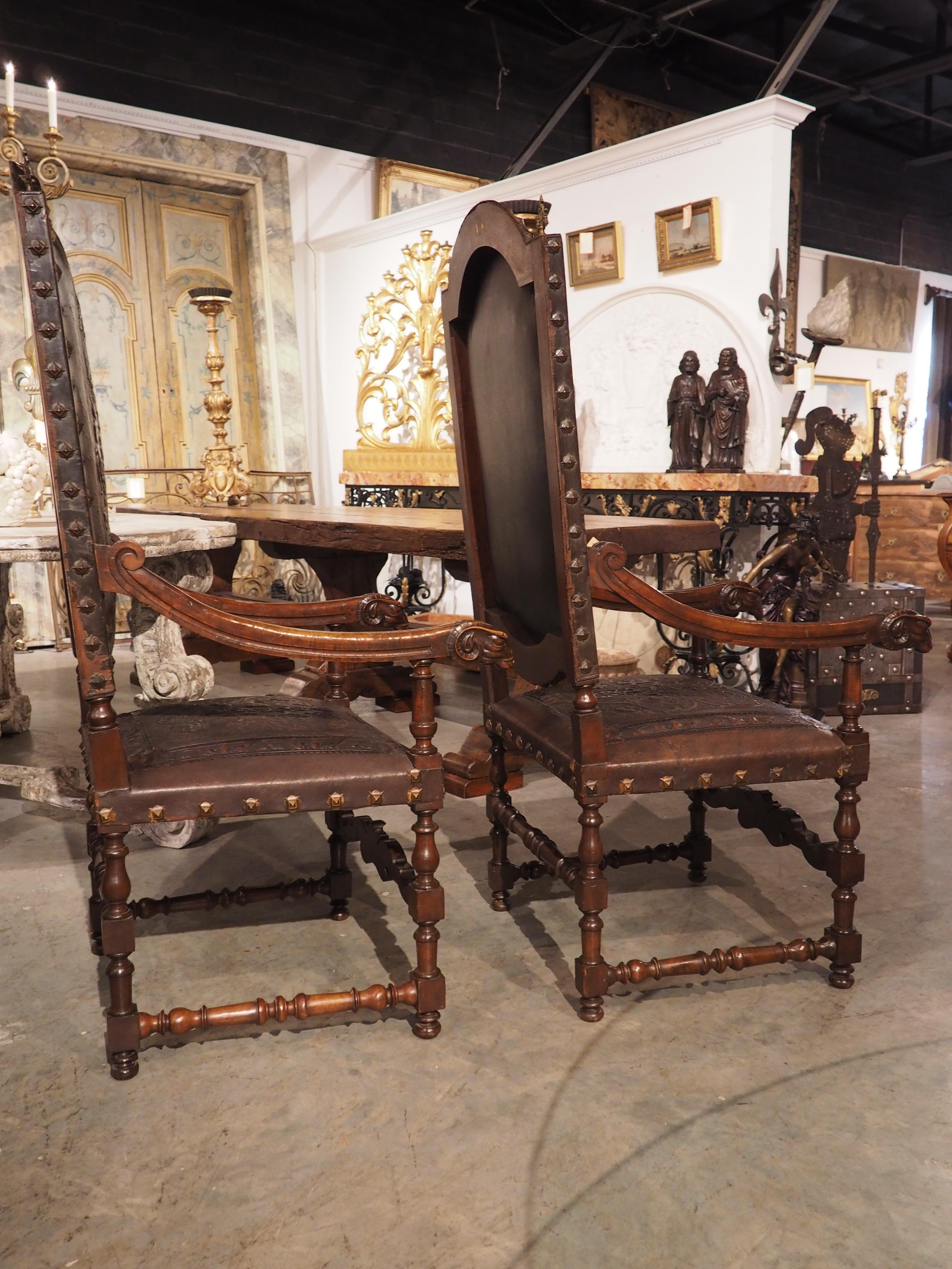 Pair of Spanish 19th Century Tooled Leather and Walnut Armchairs with Rams Heads 5