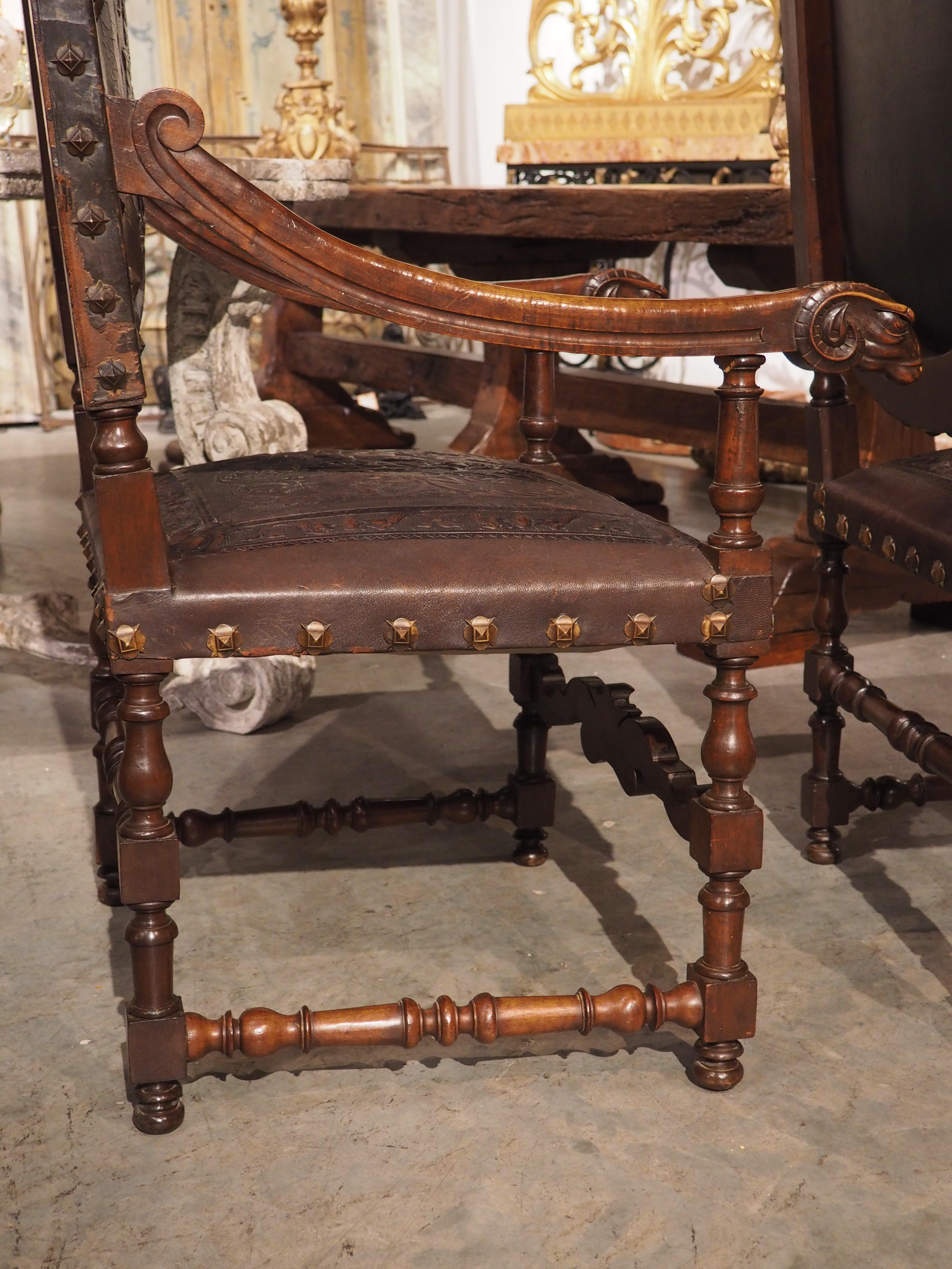 Pair of Spanish 19th Century Tooled Leather and Walnut Armchairs with Rams Heads 6
