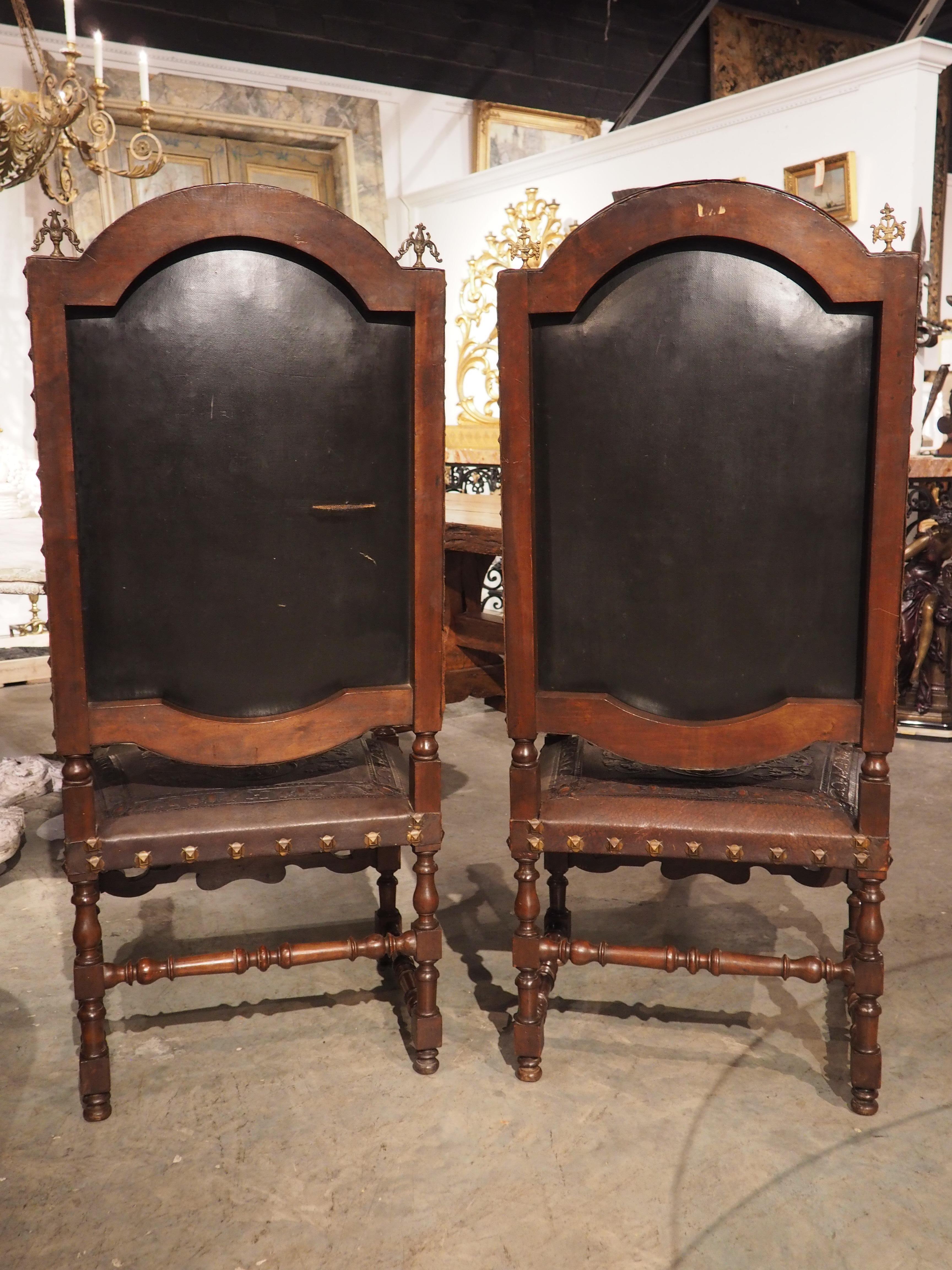 Pair of Spanish 19th Century Tooled Leather and Walnut Armchairs with Rams Heads 7