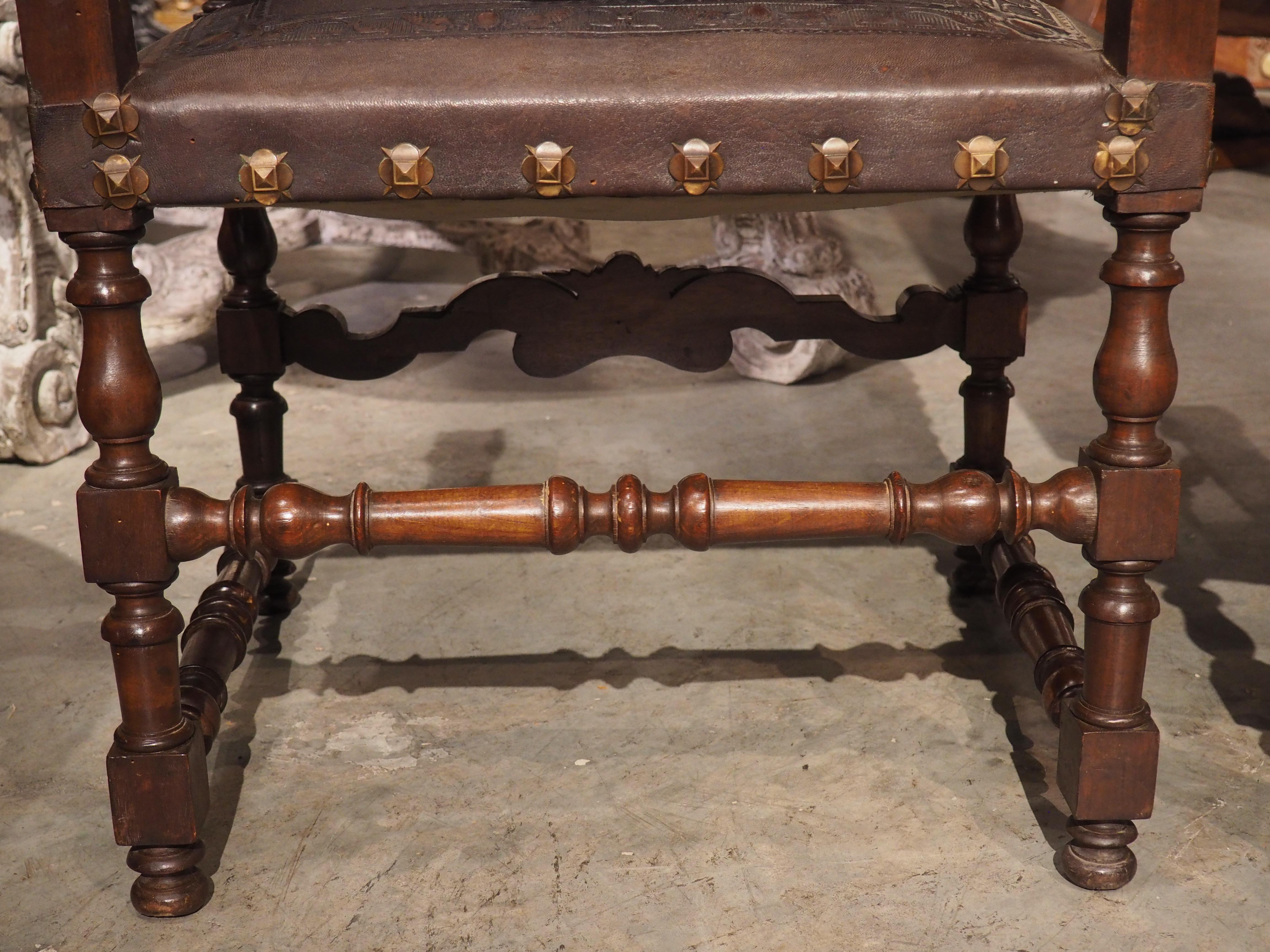 Pair of Spanish 19th Century Tooled Leather and Walnut Armchairs with Rams Heads 8