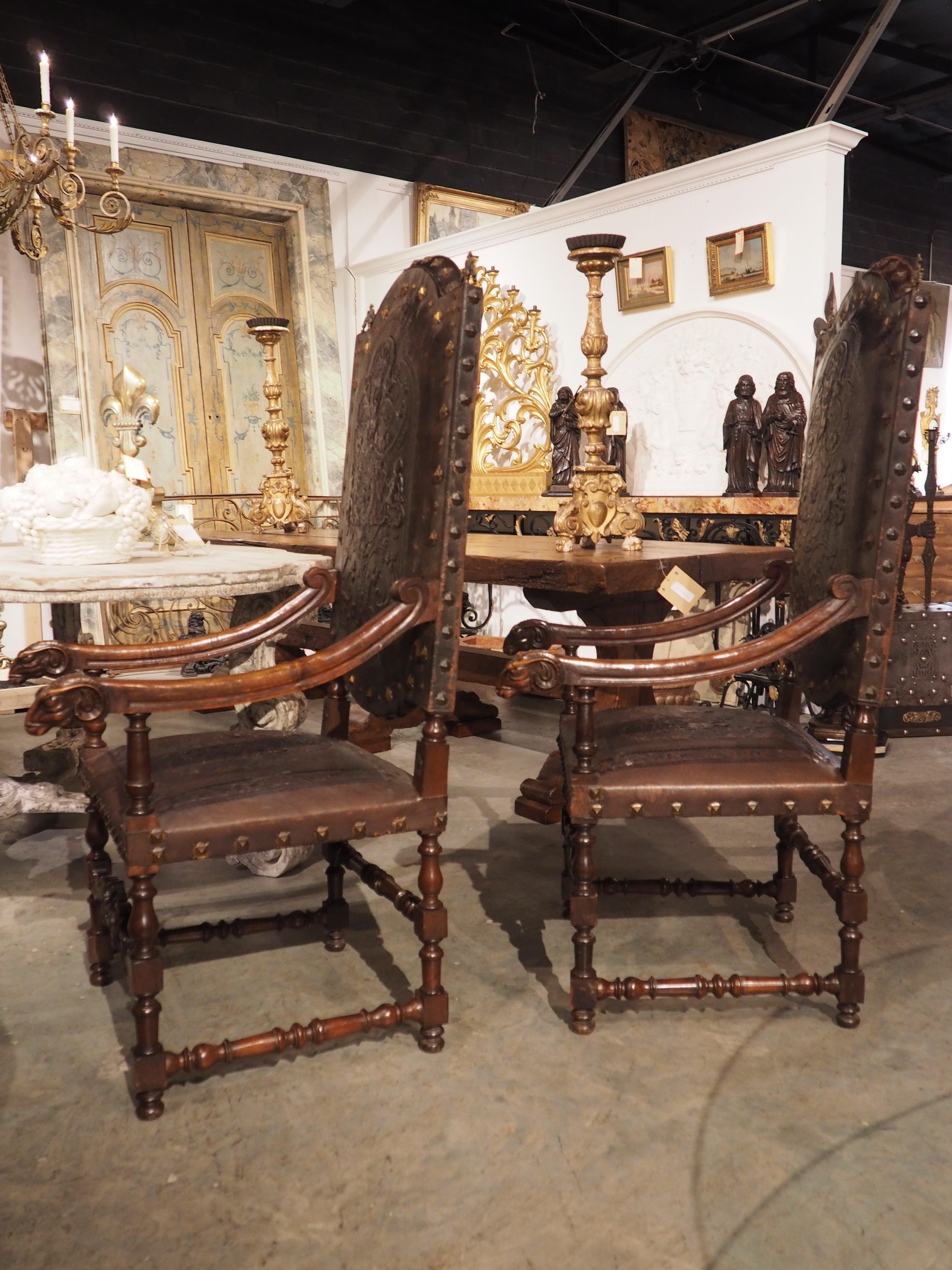 Pair of Spanish 19th Century Tooled Leather and Walnut Armchairs with Rams Heads 9