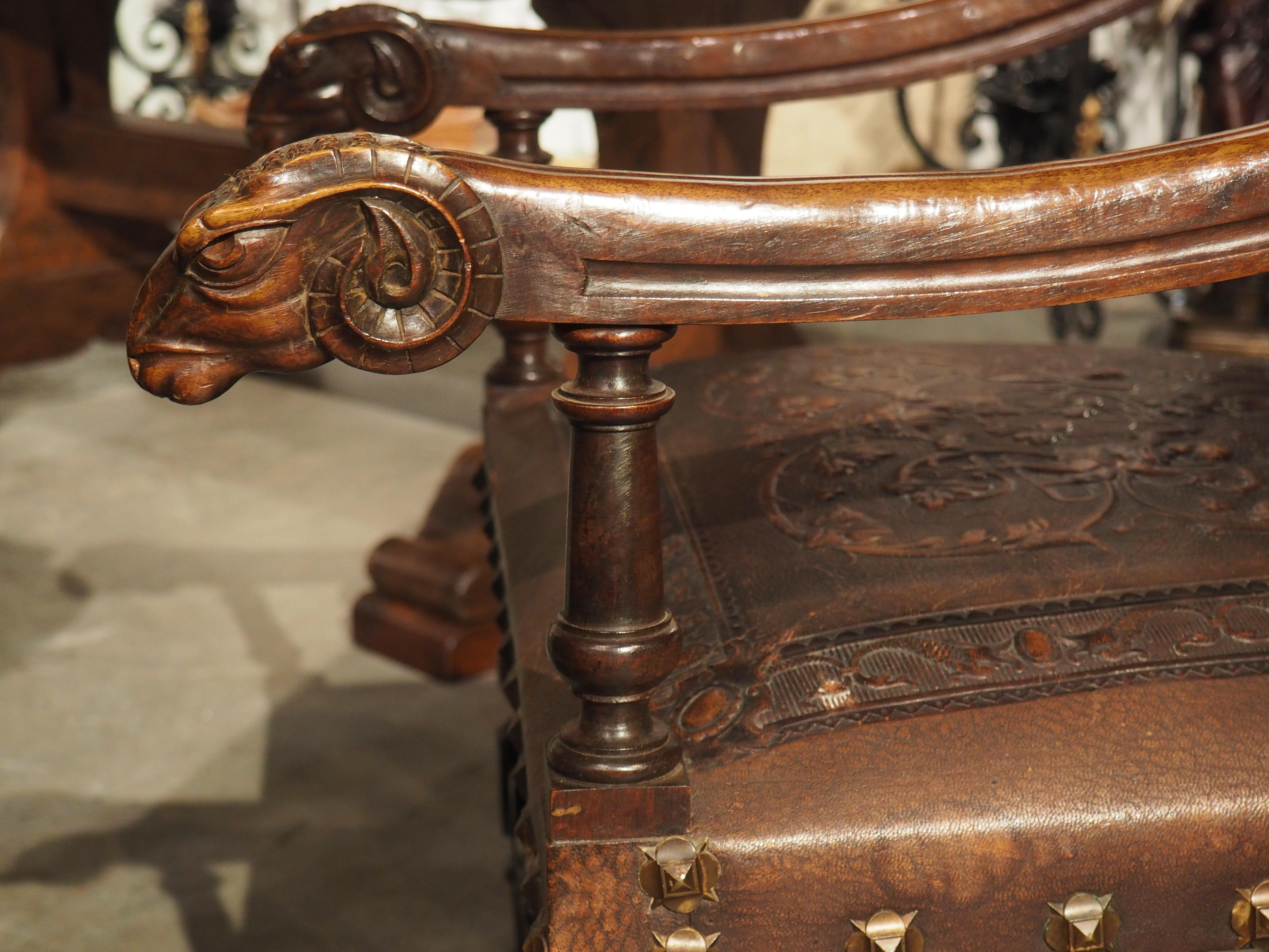 Pair of Spanish 19th Century Tooled Leather and Walnut Armchairs with Rams Heads 10