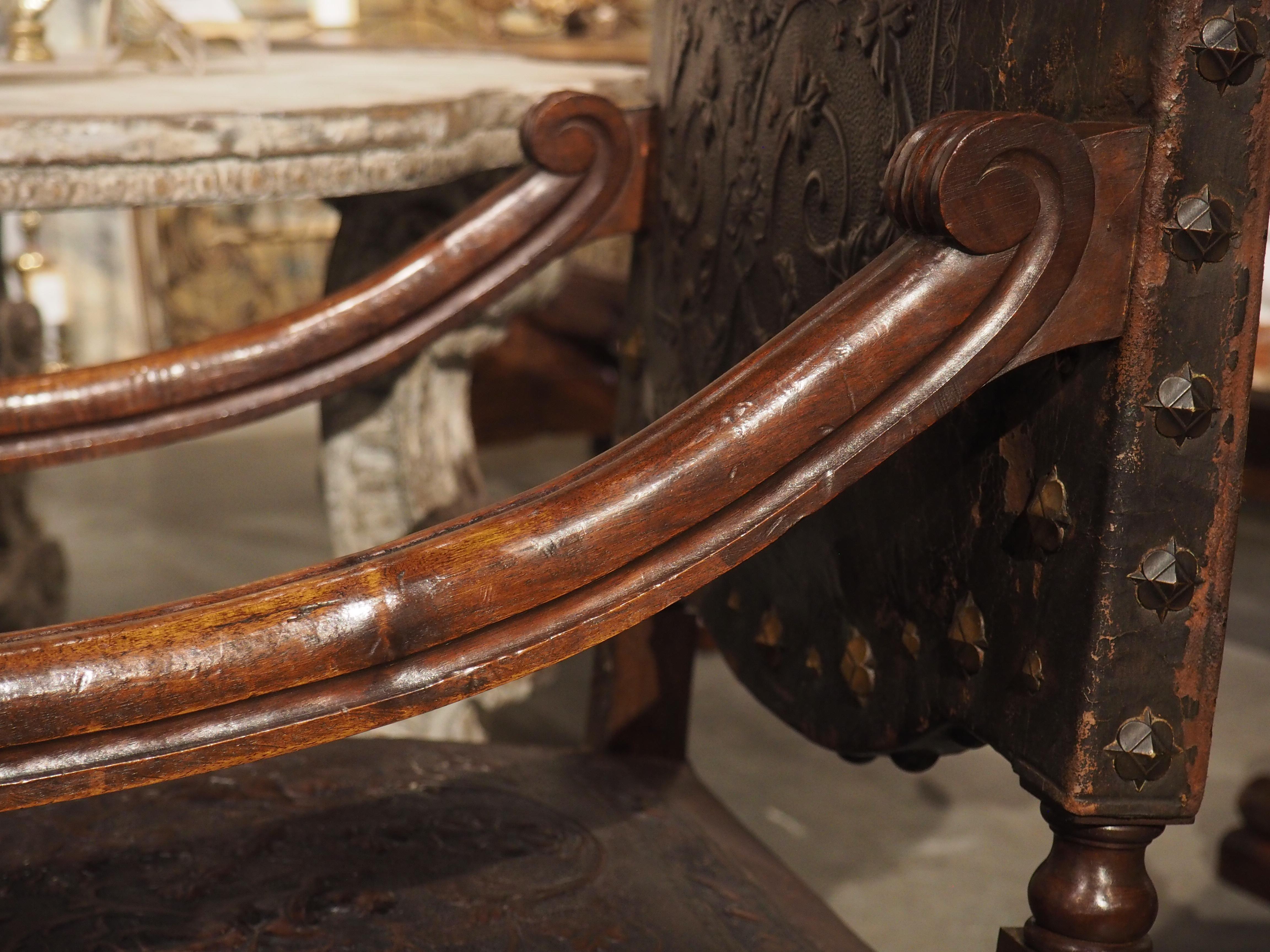 Pair of Spanish 19th Century Tooled Leather and Walnut Armchairs with Rams Heads 11