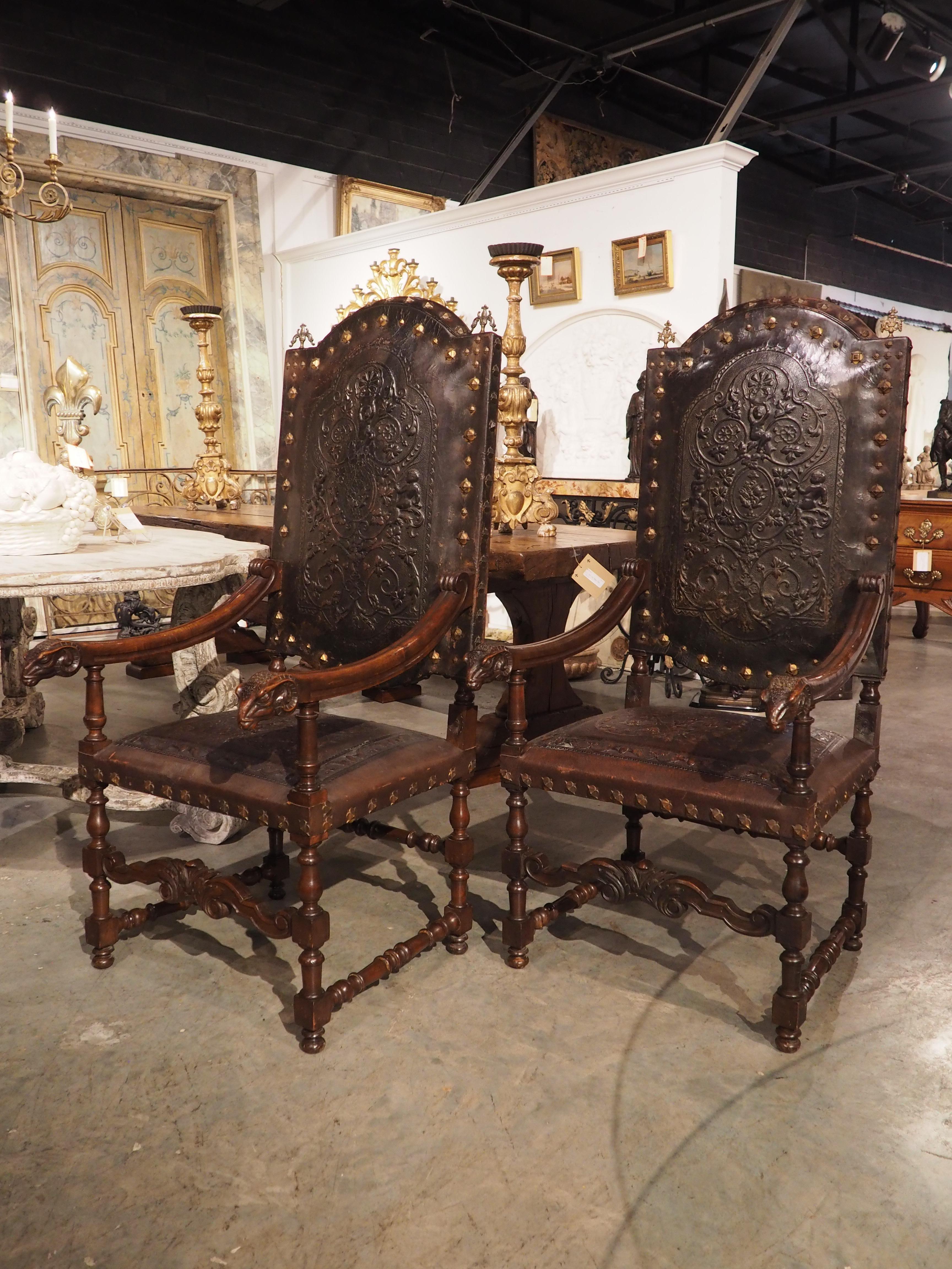 Pair of Spanish 19th Century Tooled Leather and Walnut Armchairs with Rams Heads 12