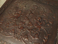 Pair of Spanish 19th Century Tooled Leather and Walnut Armchairs with Rams Heads