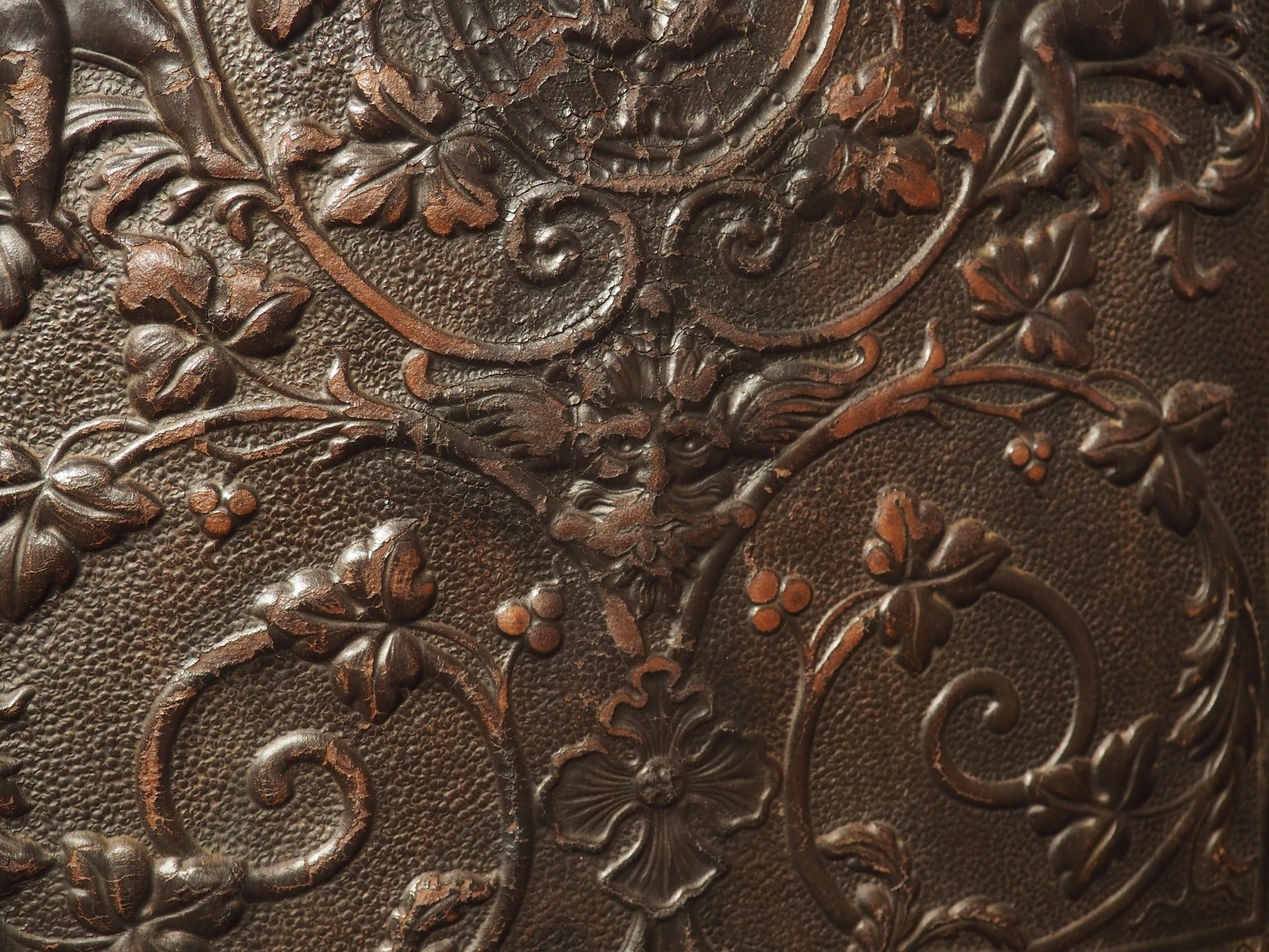 Brass Pair of Spanish 19th Century Tooled Leather and Walnut Armchairs with Rams Heads