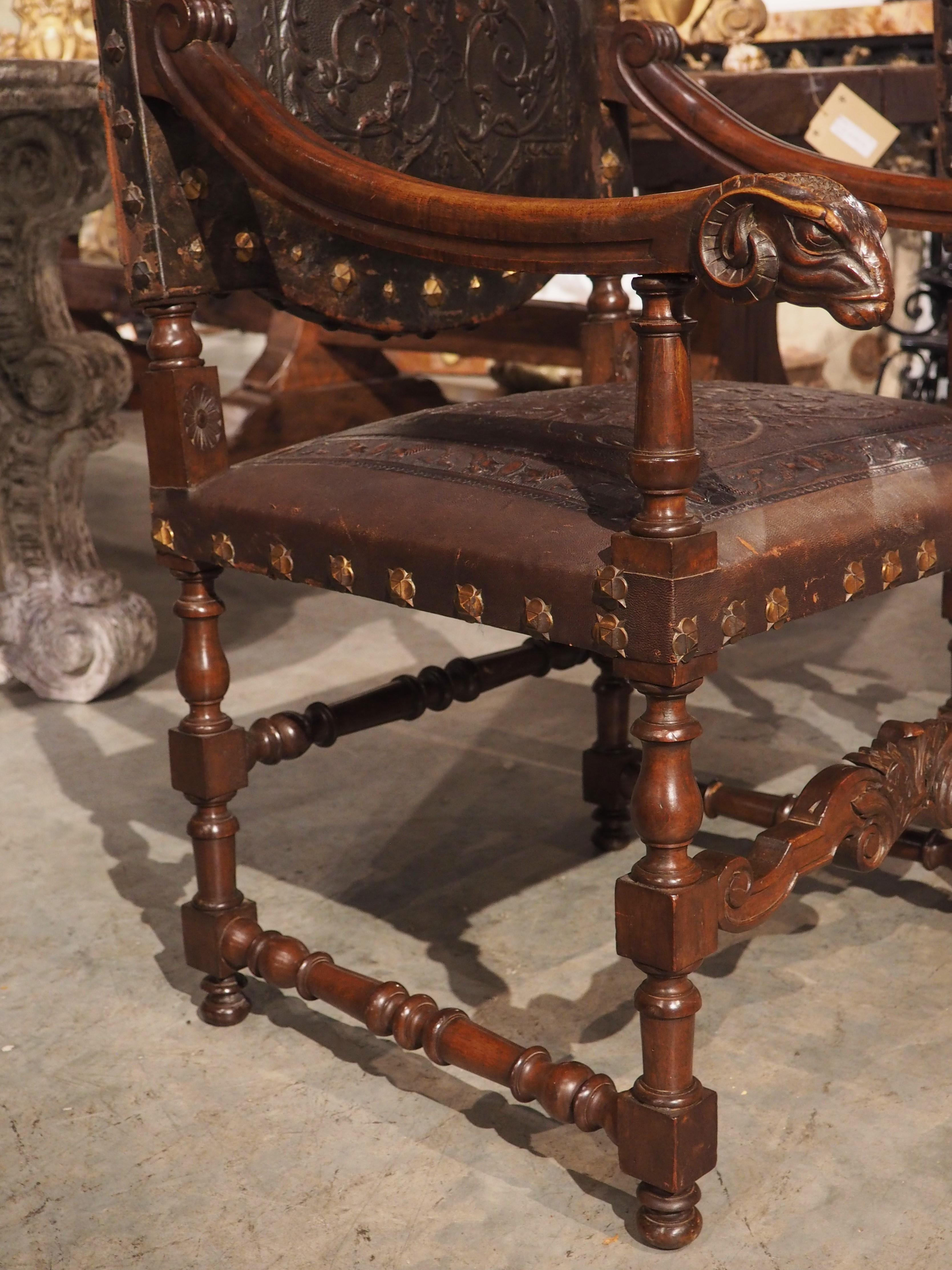 Pair of Spanish 19th Century Tooled Leather and Walnut Armchairs with Rams Heads 1
