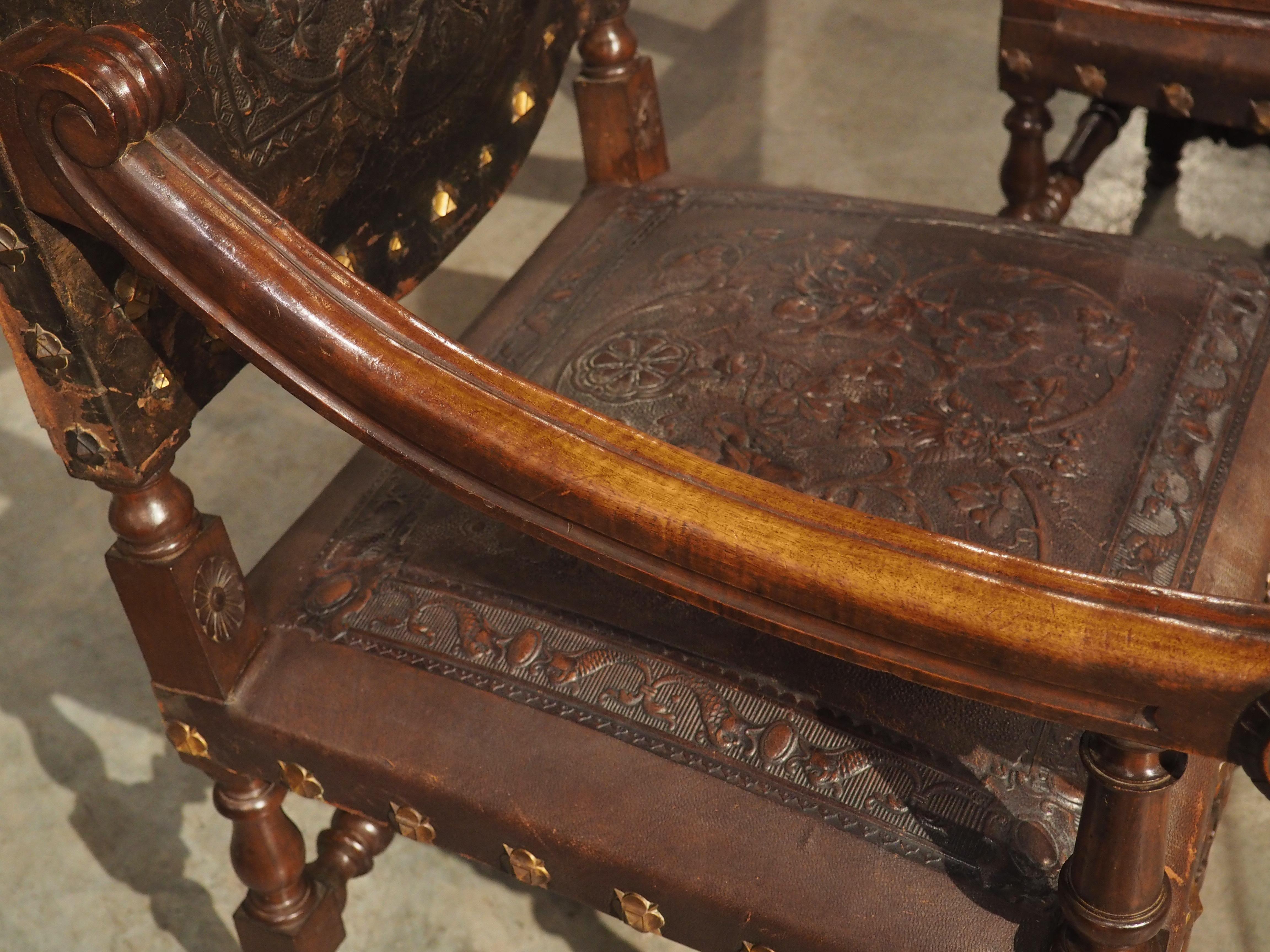 Pair of Spanish 19th Century Tooled Leather and Walnut Armchairs with Rams Heads 2