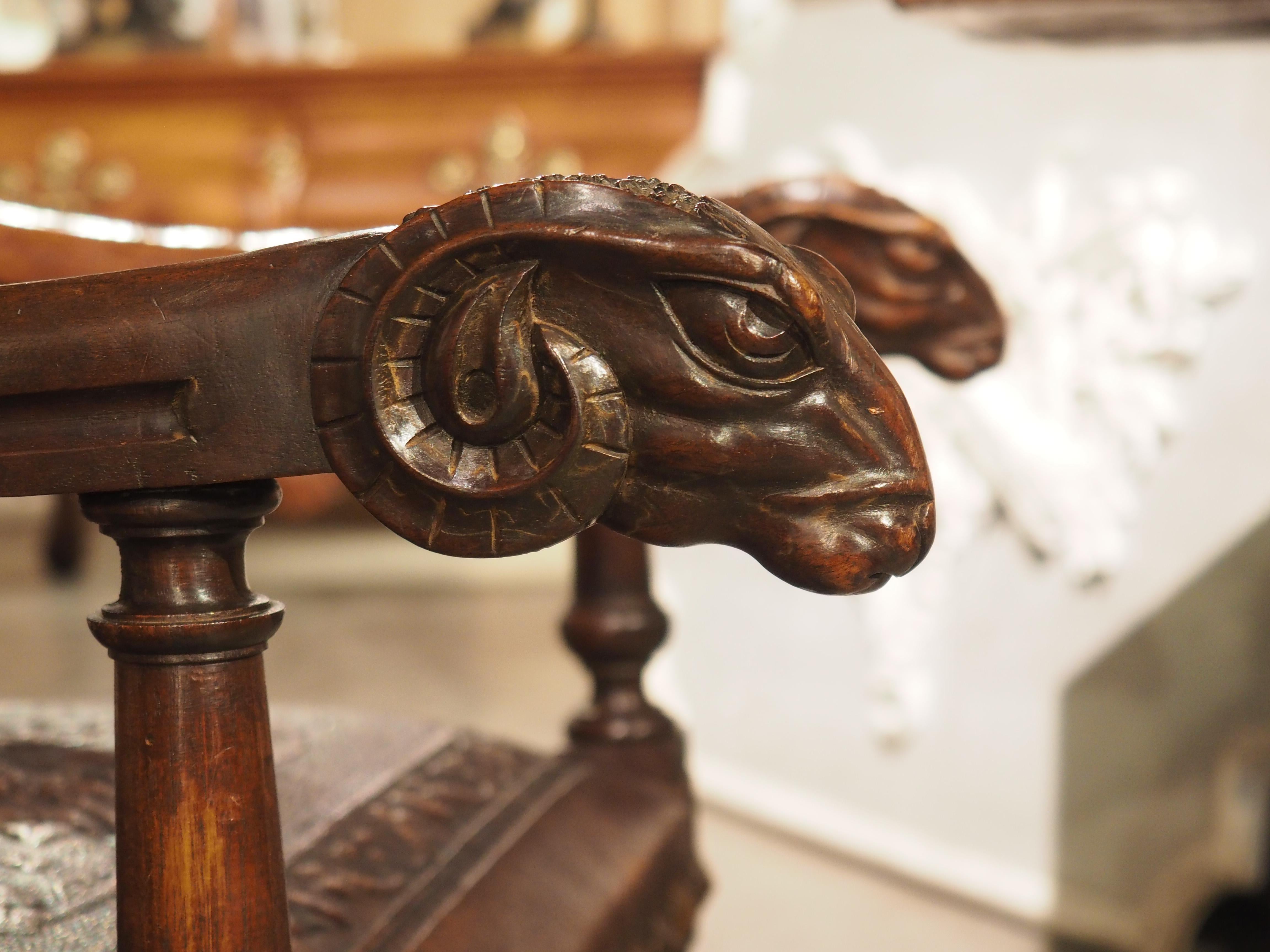 Pair of Spanish 19th Century Tooled Leather and Walnut Armchairs with Rams Heads 3