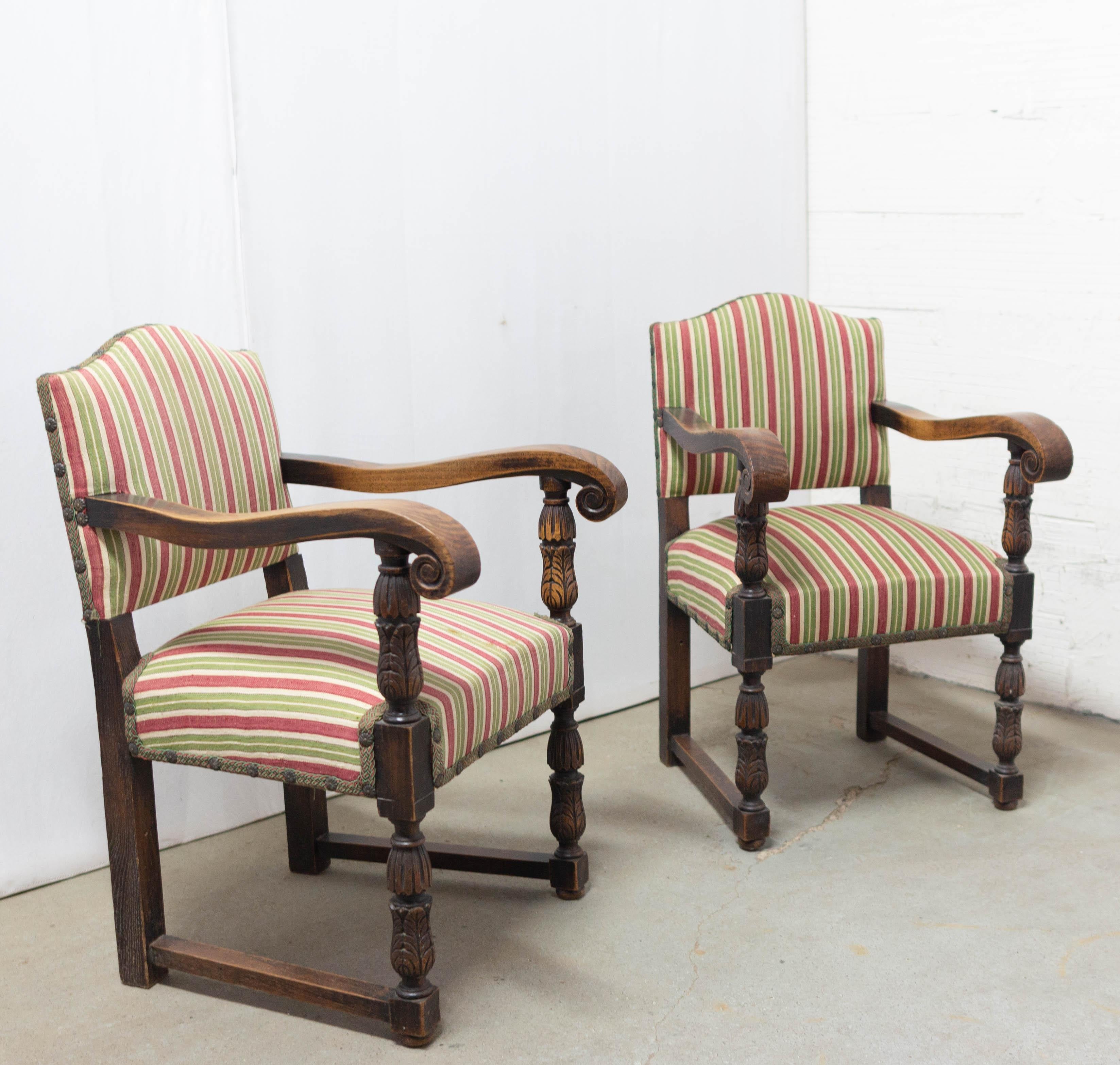Pair of Spanish Armchairs Chestnut Midcentury In Good Condition For Sale In Labrit, Landes