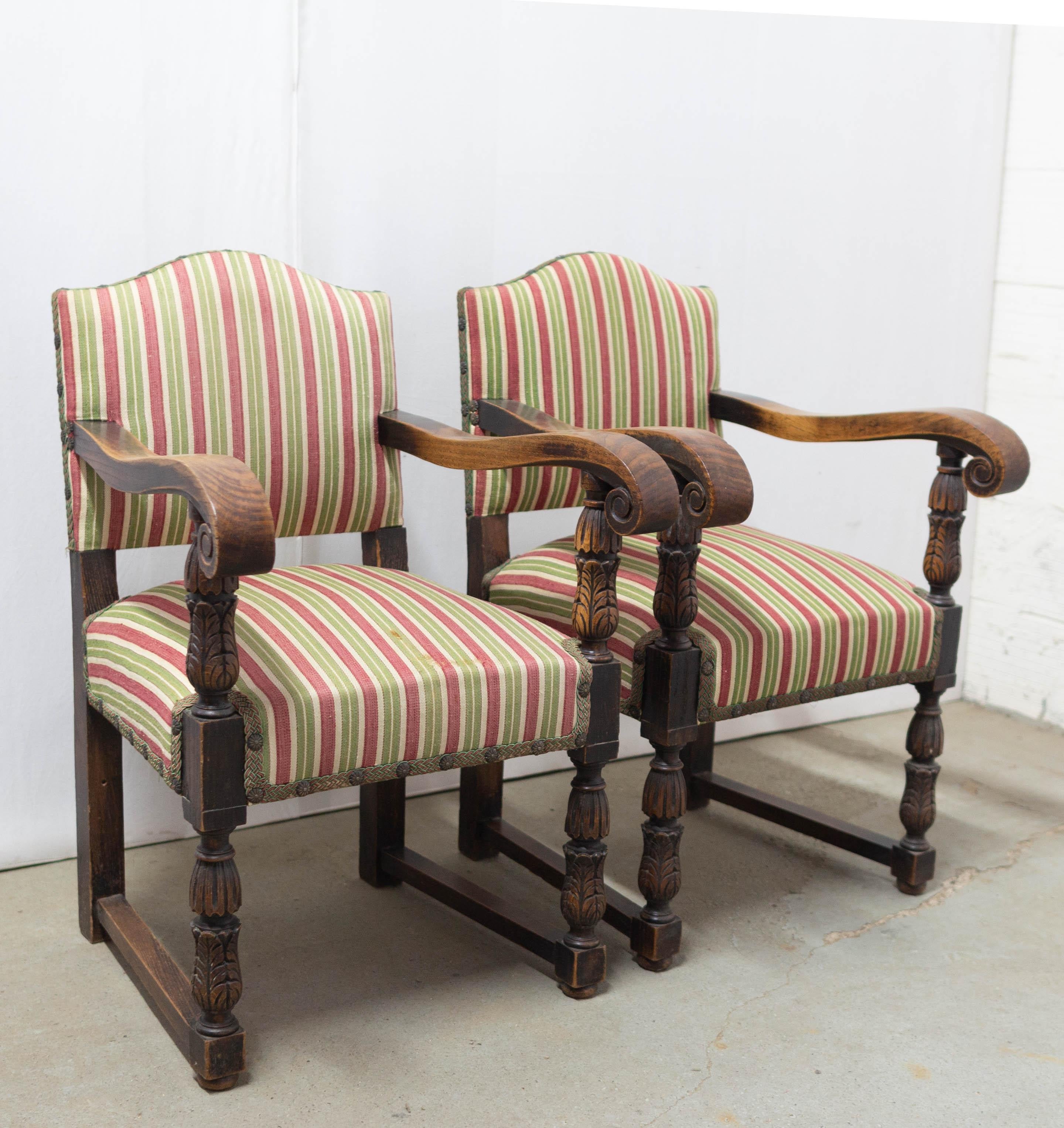 20th Century Pair of Spanish Armchairs Chestnut Midcentury For Sale