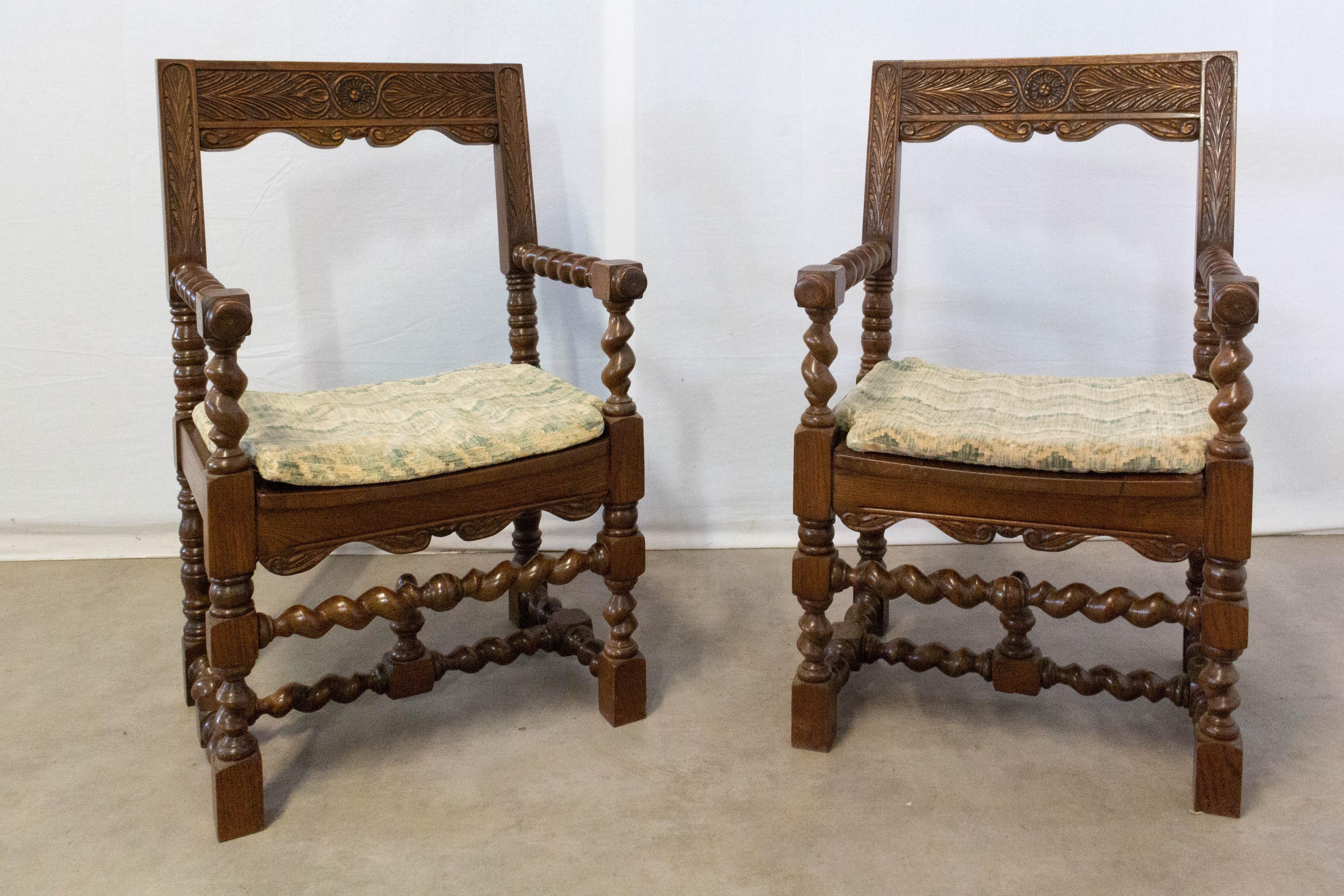 Colonial Revival Pair of Spanish Armchairs Colonial Style Midcentury Twisted Columns Chestnut