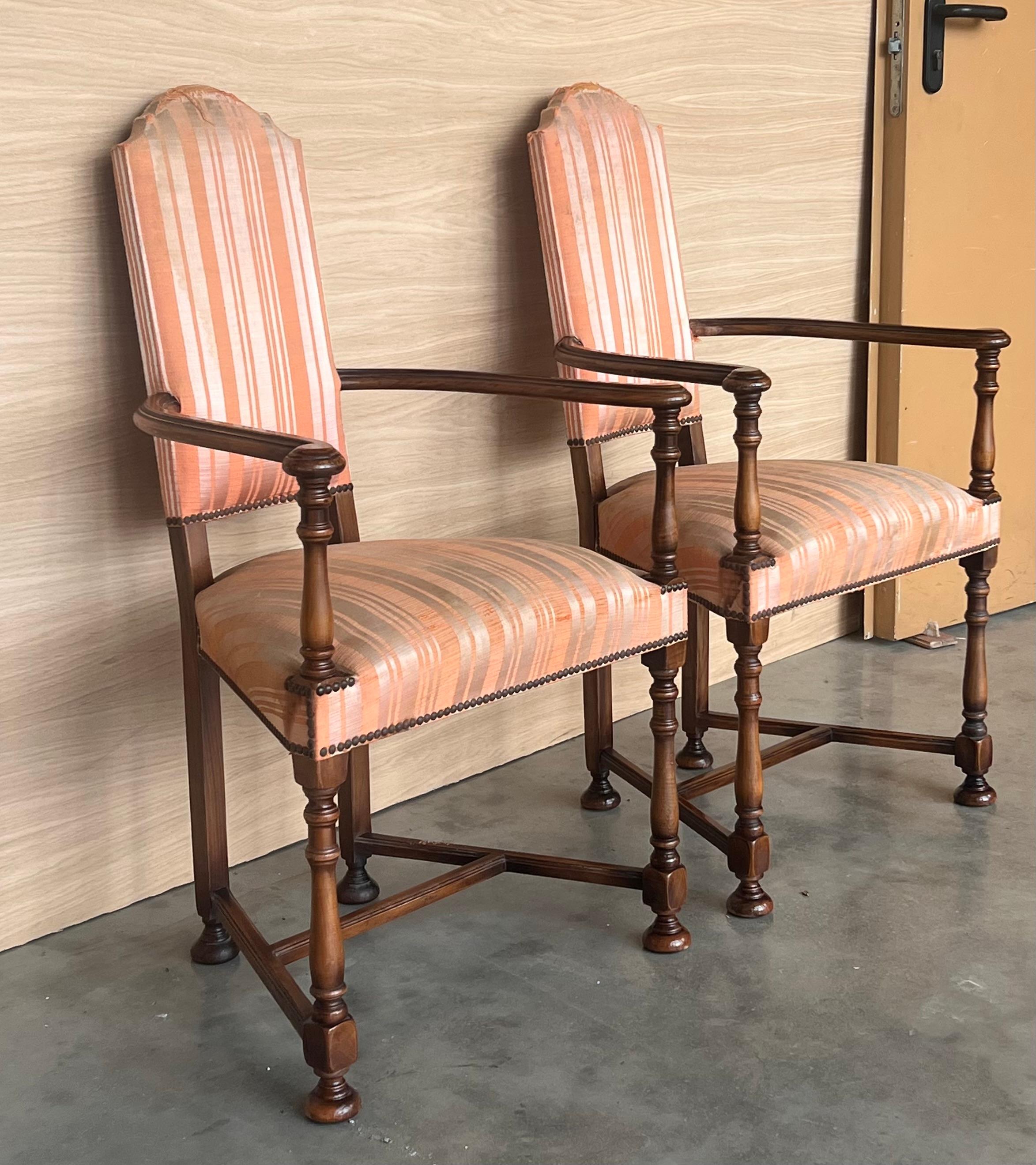 Walnut Pair of Spanish Armchairs with High Back signed by Valenti For Sale