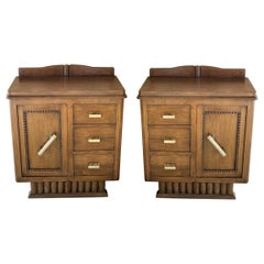 Antique Pair of Spanish Art Deco Heavily Hand Carved Bedside Tables Nightstands, 1920s