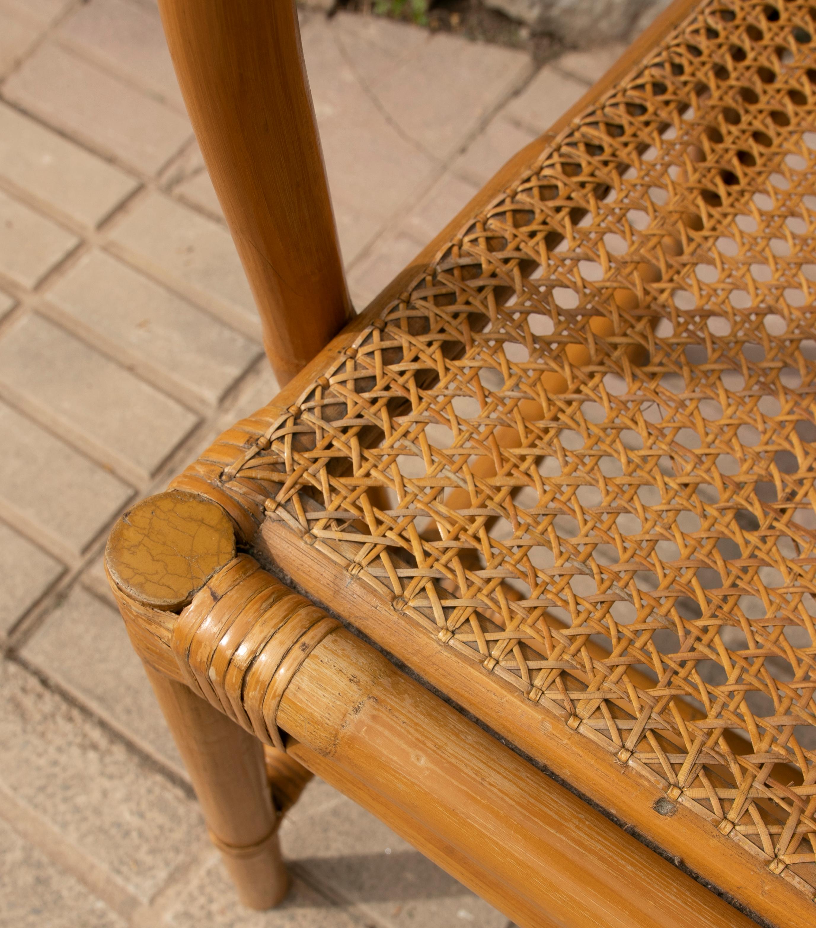 Pair of Spanish Bamboo Armchairs with Rattan Grid Seating and Backrest For Sale 9