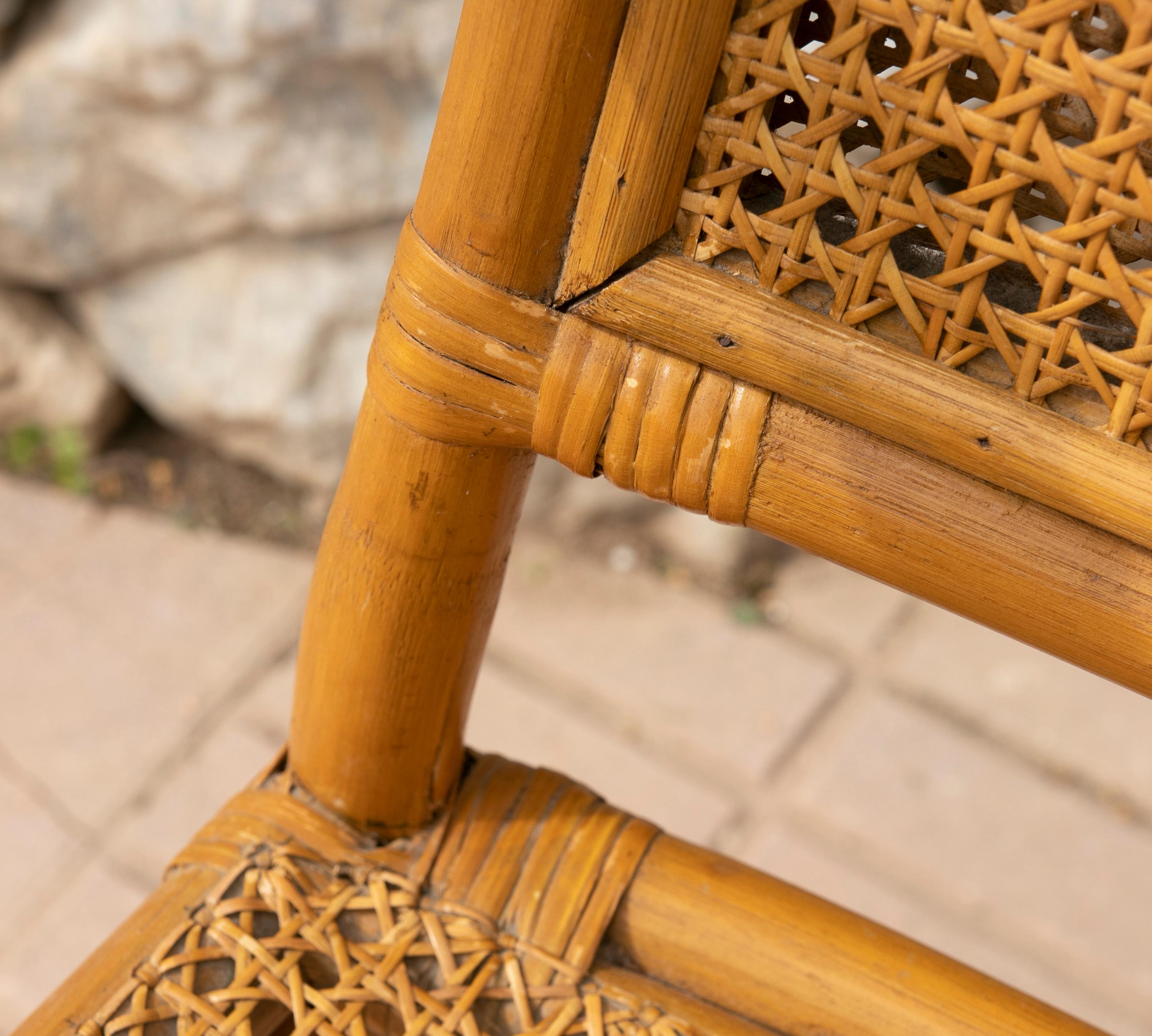 Pair of Spanish Bamboo Armchairs with Rattan Grid Seating and Backrest For Sale 11